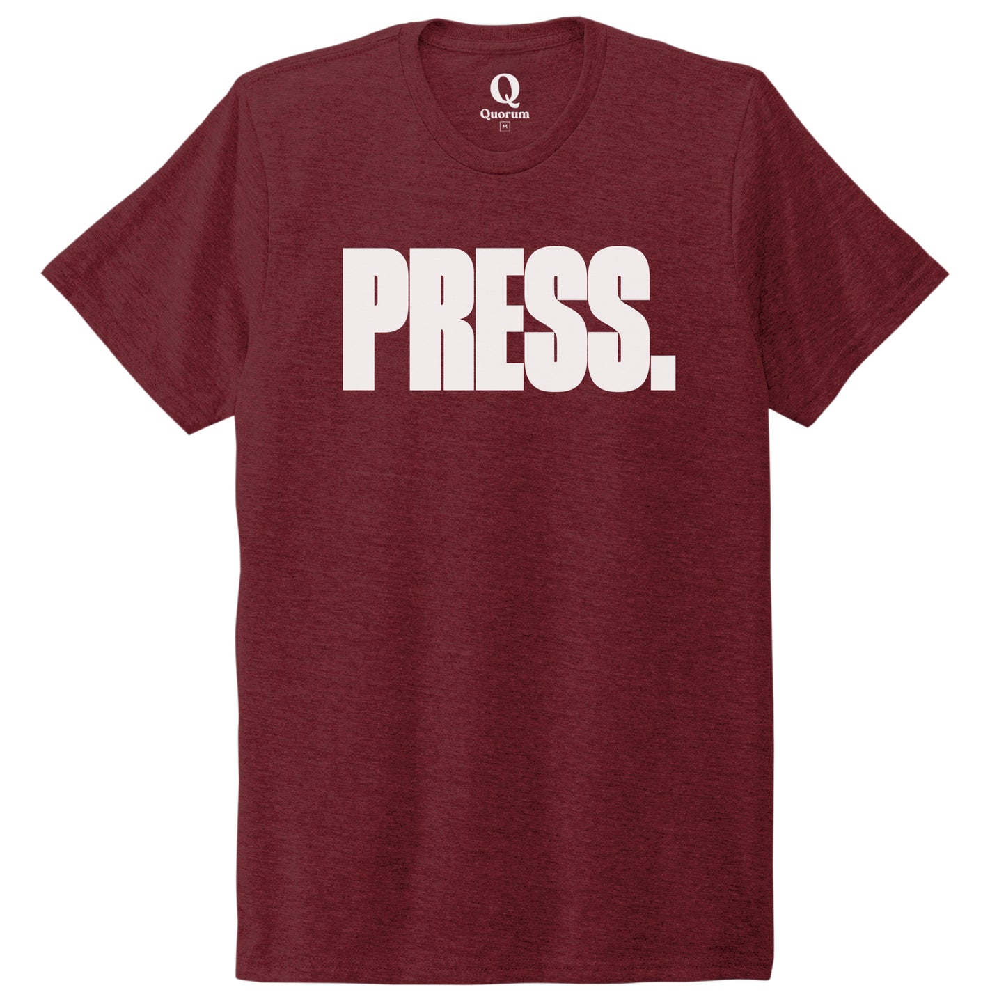 "Press." Quorum Unisex Tri-Blend Tee editorial print in Vino Red