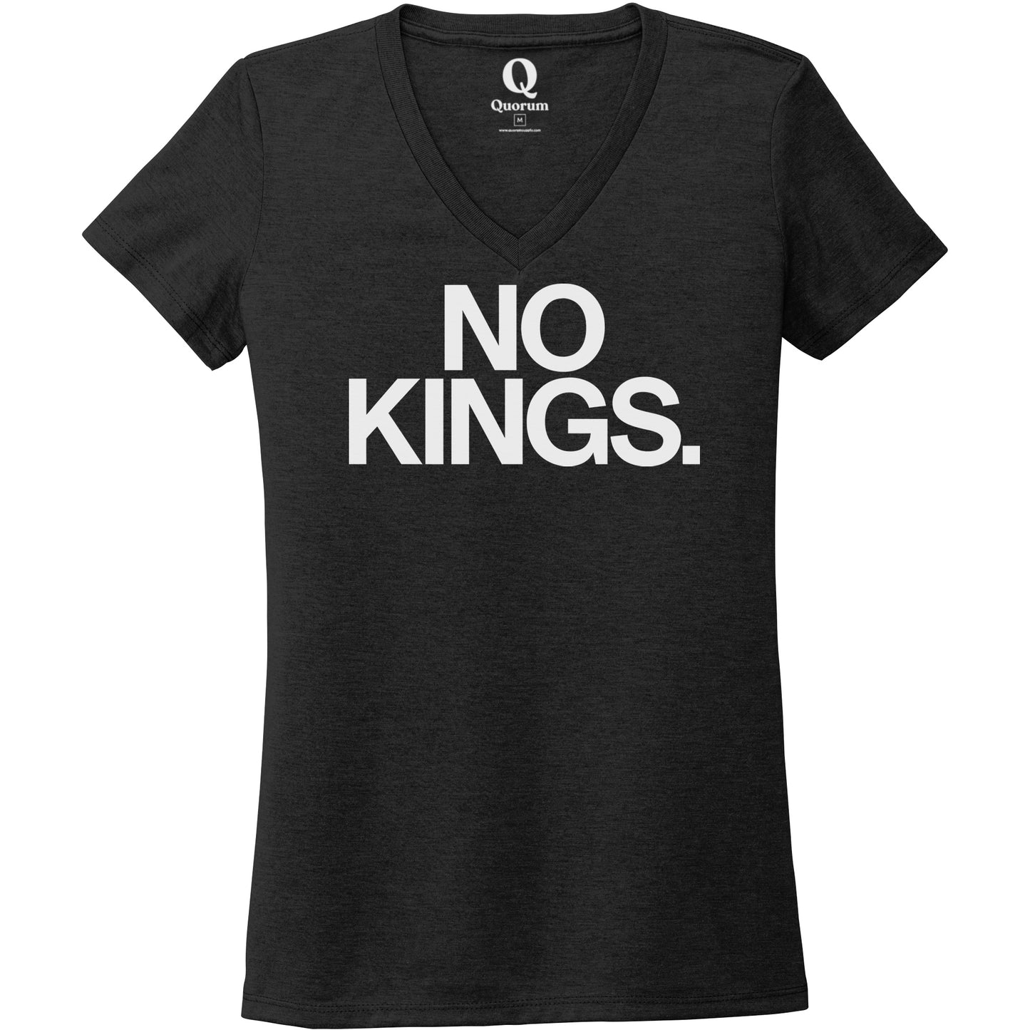 "No Kings." Quorum Women's Tri-Blend V-Neck editorial print in Space Black