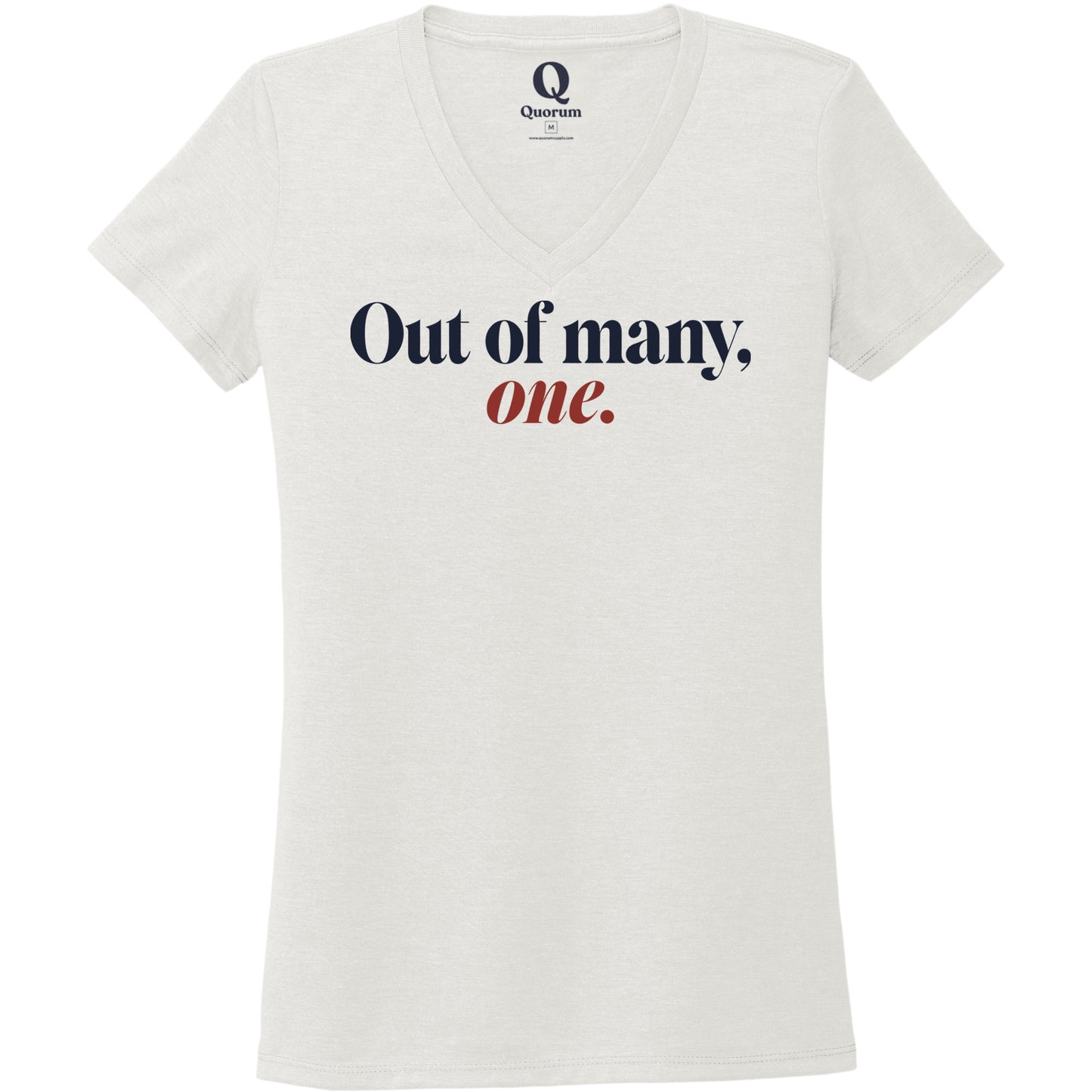 "Out of many, one." Quorum Women's Tri-Blend V-Neck front print in Fairly White