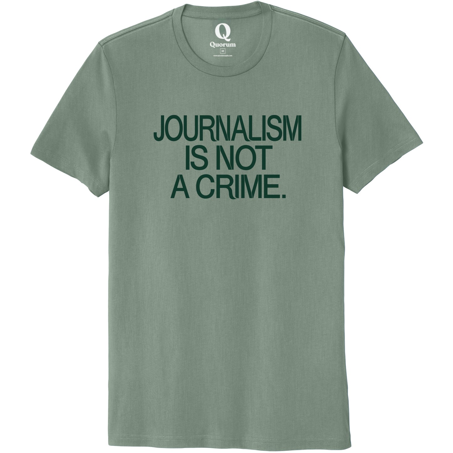 "Journalism is not a crime." Quorum Unisex 100% Organic Cotton Tee front print in Matcha Green
