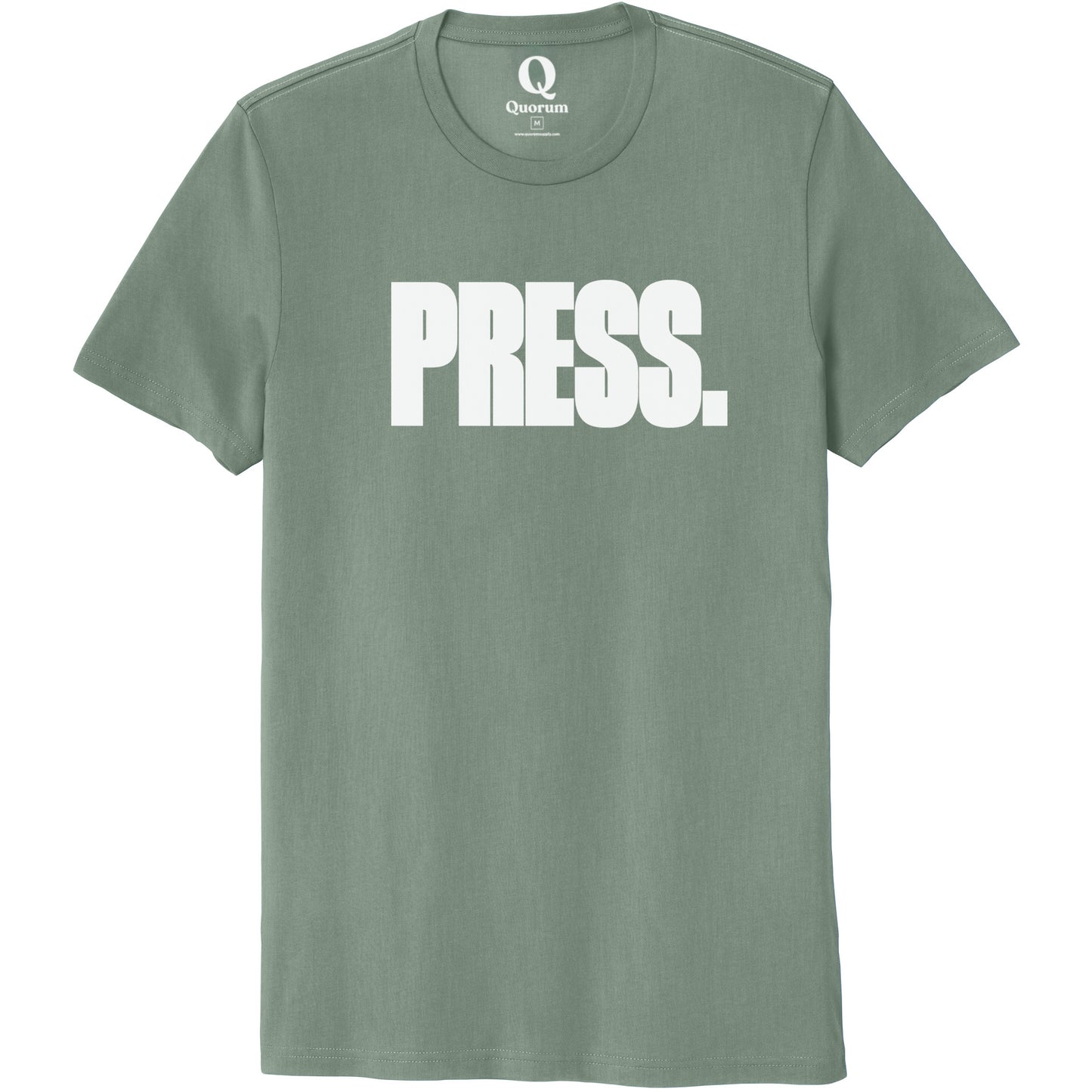 "Press." Quorum Unisex 100% Organic Cotton Tee editorial print in Matcha Green