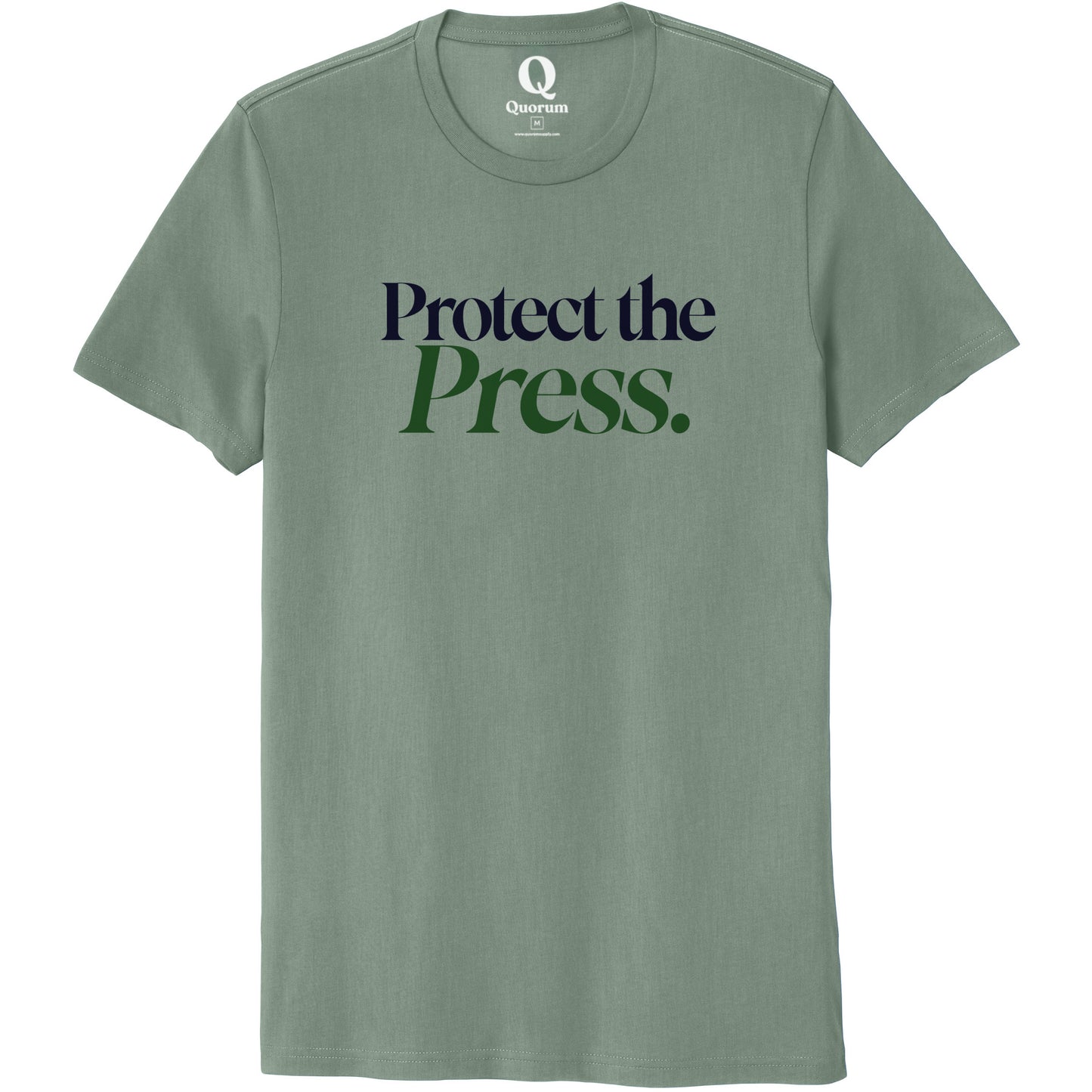 "Protect the Press." Quorum Unisex 100% Organic Cotton Tee front print in Matcha Green