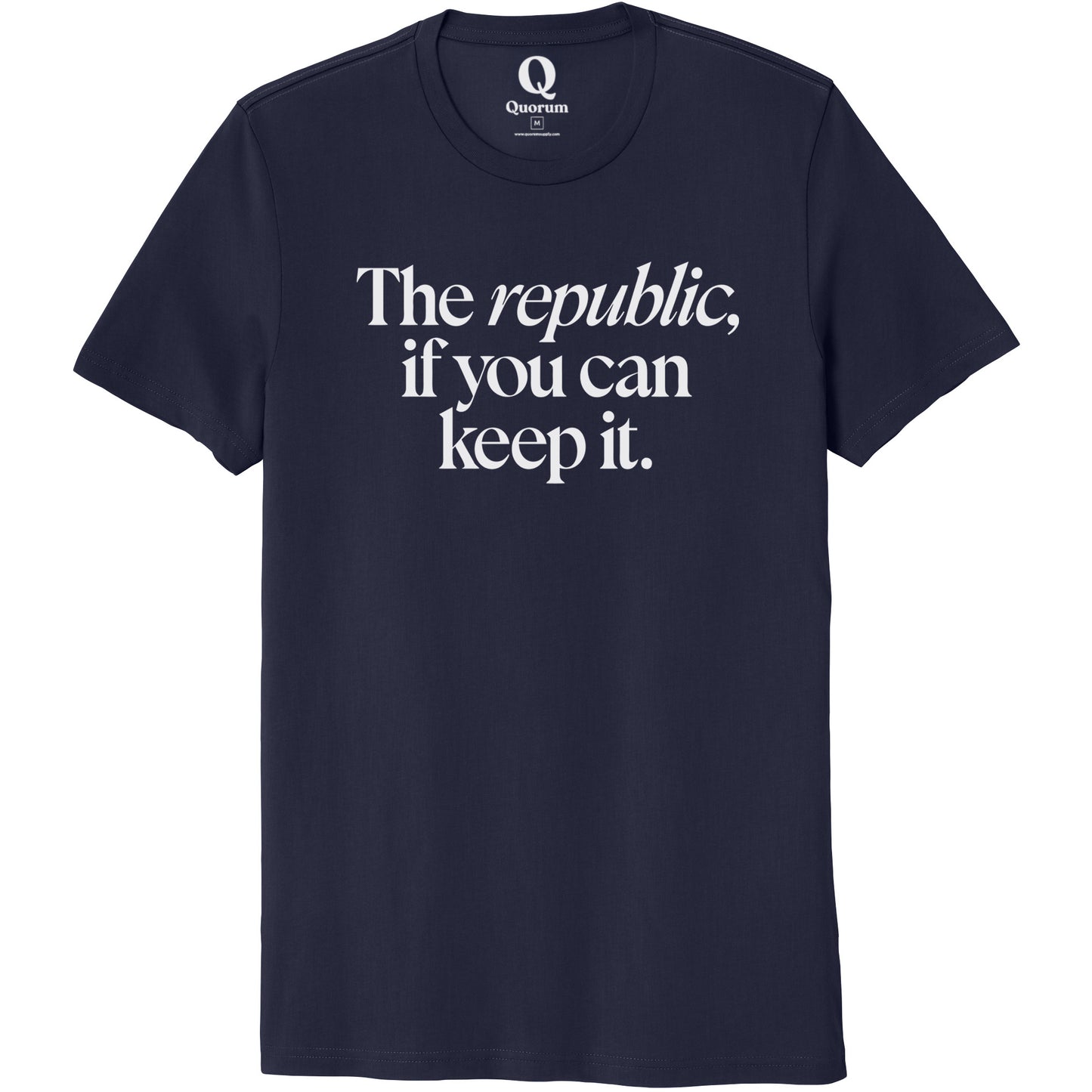 "The republic, if you can keep it." Quorum Unisex 100% Organic Cotton Tee editorial print in Night Sky Navy