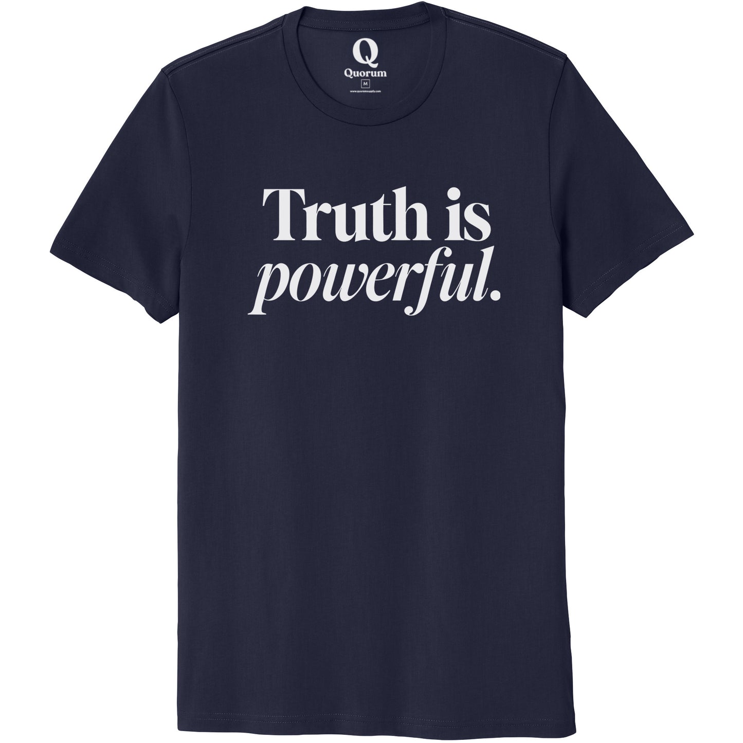 "Truth is powerful." Quorum Unisex 100% Organic Cotton Tee editorial print in Night Sky Navy