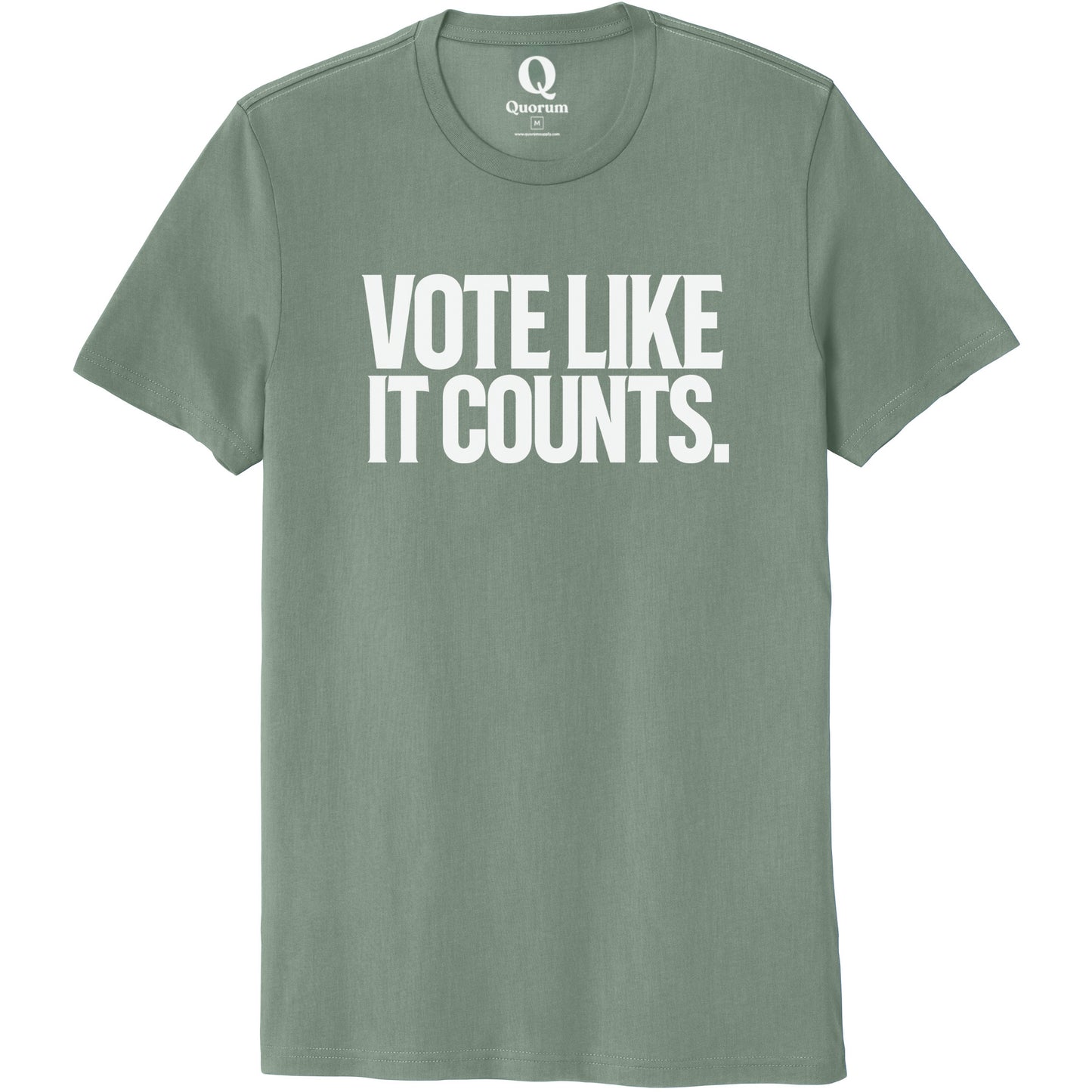 "Vote like it counts." Quorum Unisex 100% Organic Cotton Tee editorial print in Matcha Green
