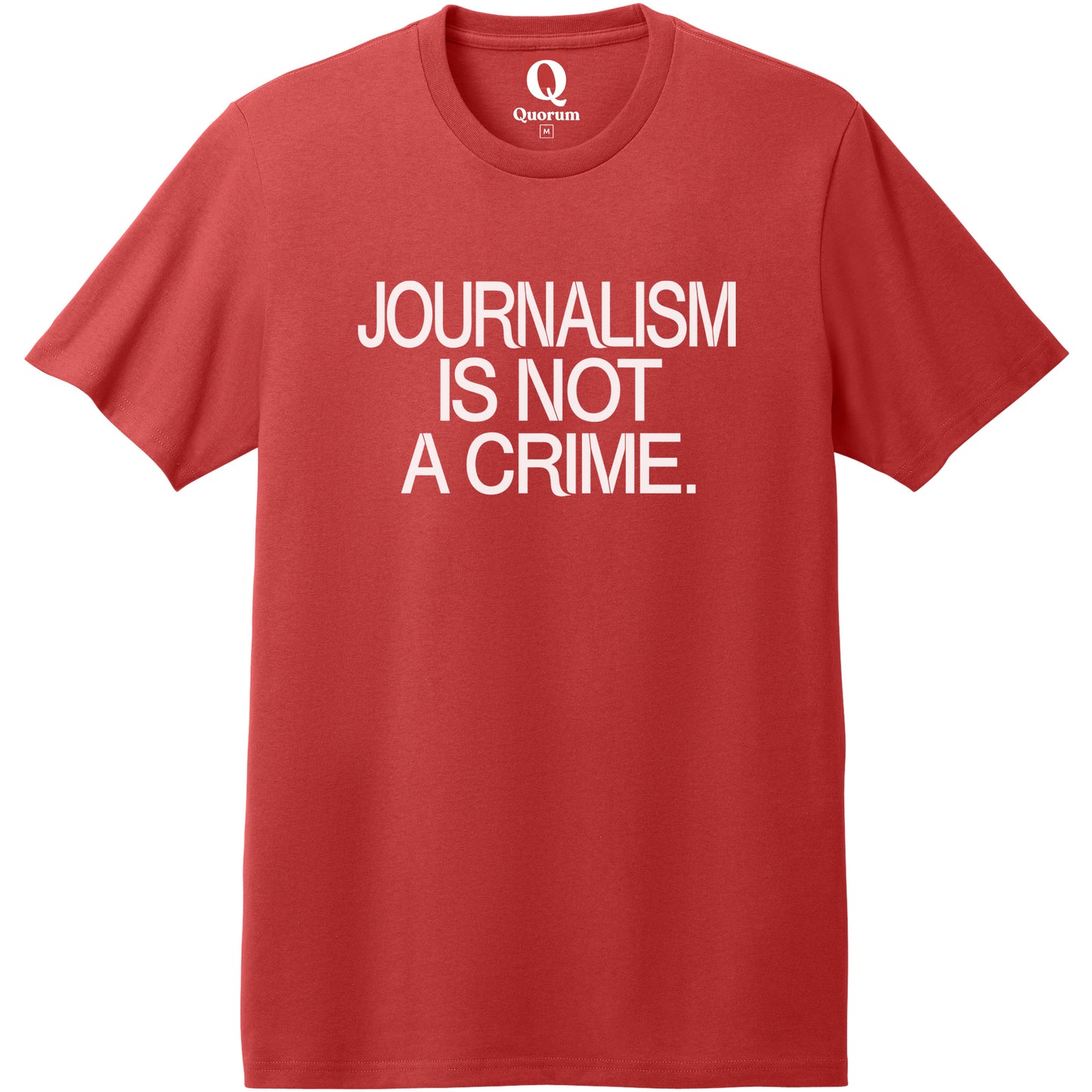 "Journalism is not a crime." Quorum Heavyweight Recycled Cotton Tee editorial print in Beet Red