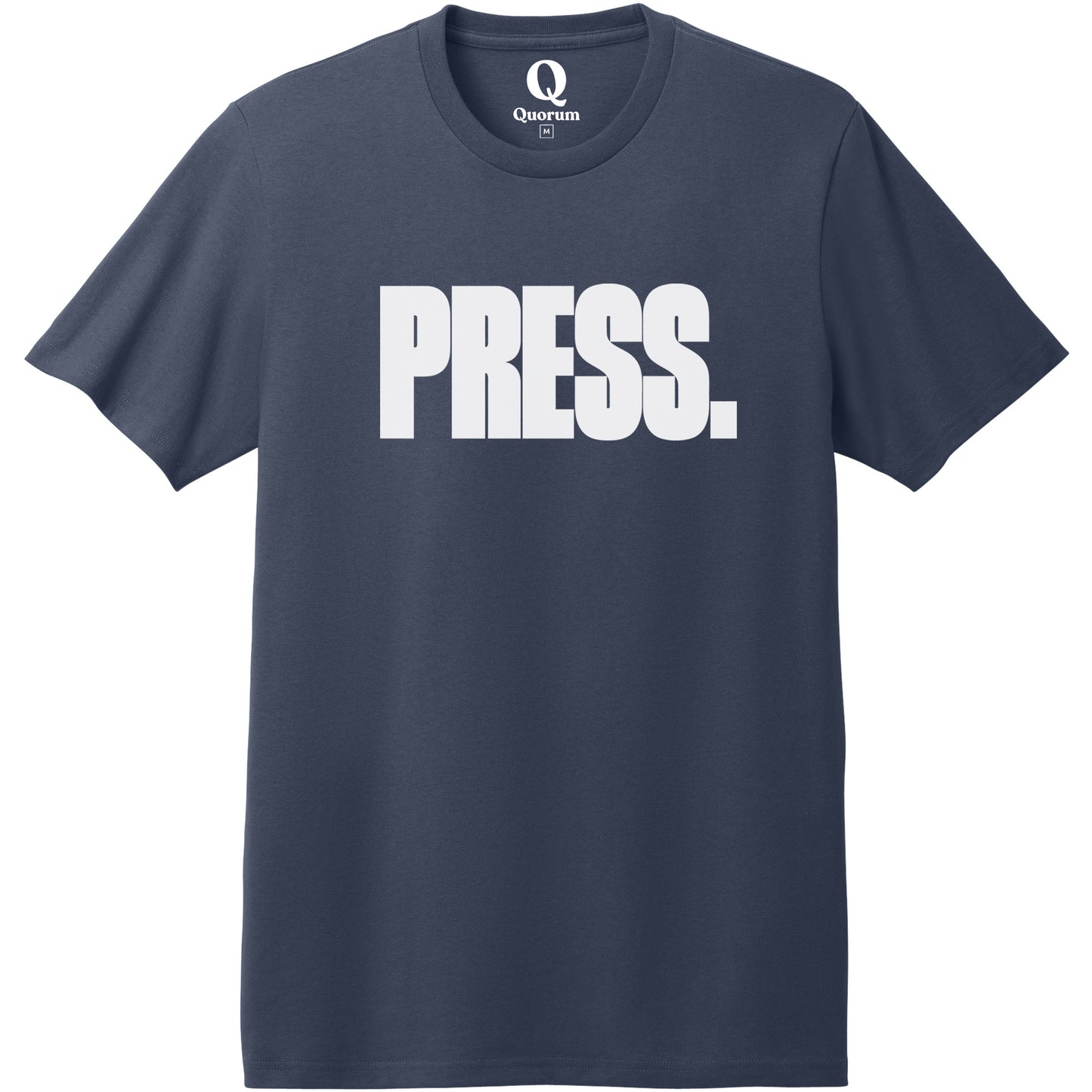 "Press." Quorum Heavyweight Recycled Cotton Tee editorial print in Night Sky Navy