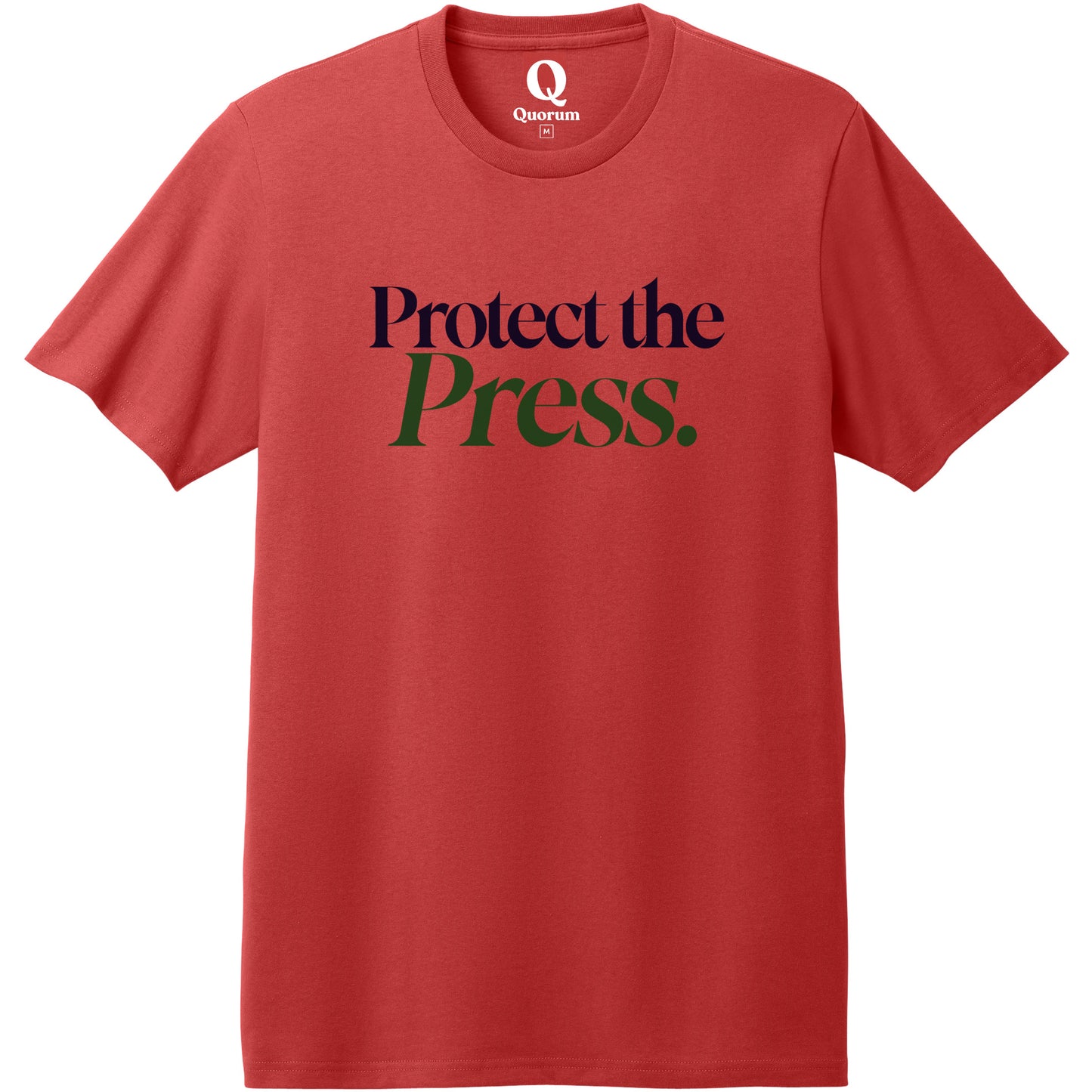 "Protect the Press." Quorum Heavyweight Recycled Cotton Tee front print in Beet Red