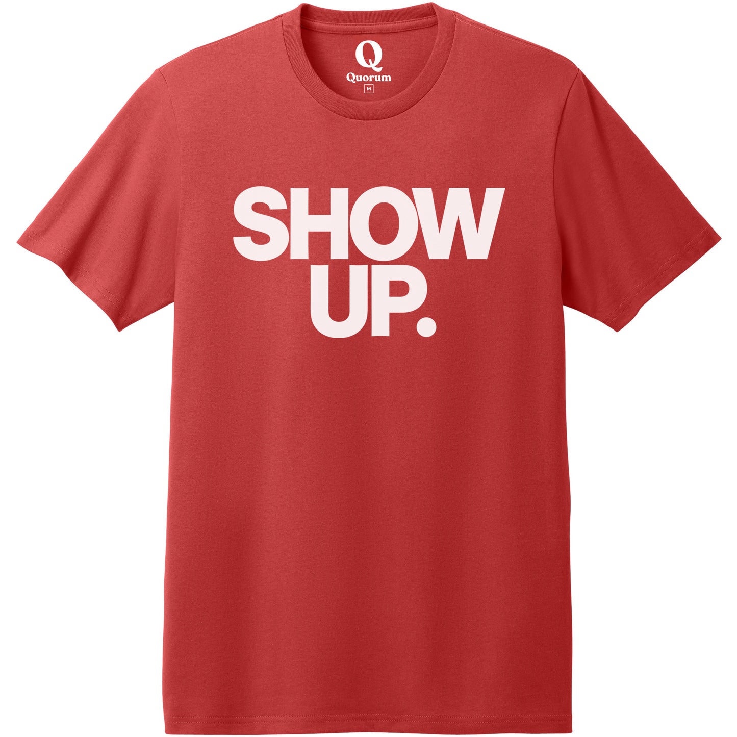 "Show up. Stand up. Suit up." Quorum Heavyweight Recycled Cotton Tee editorial print in Beet Red