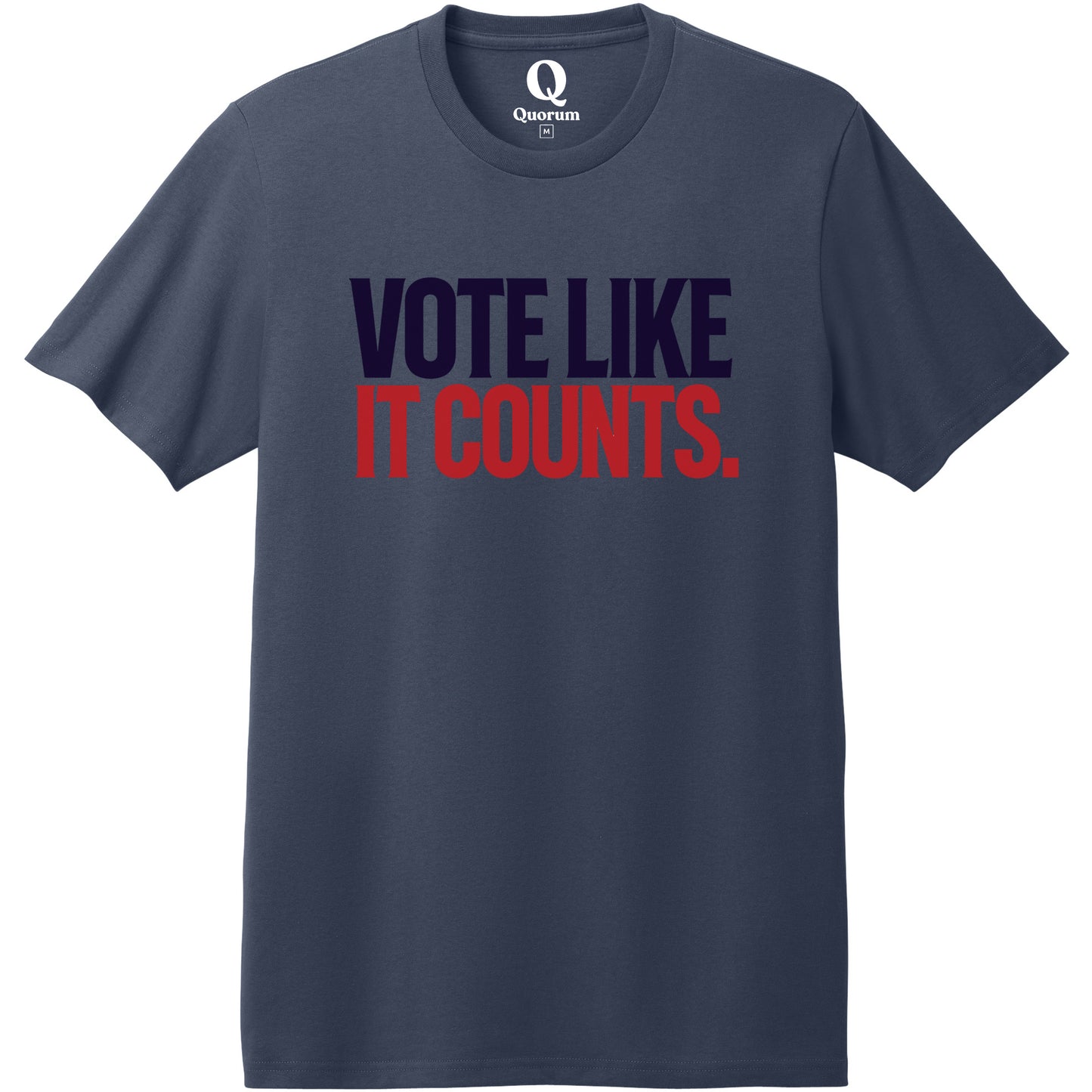"Vote like it counts." Quorum Heavyweight Recycled Cotton Tee front print in Night Sky Navy