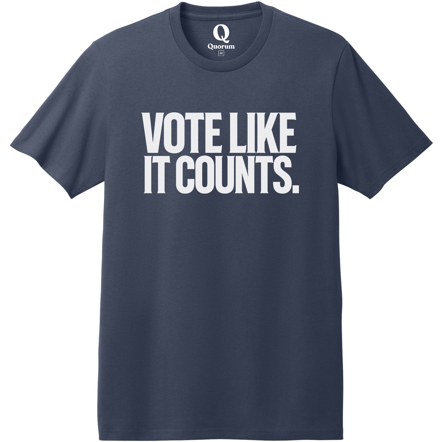 "Vote like it counts." Quorum Heavyweight Recycled Cotton Tee editorial print in Night Sky Navy