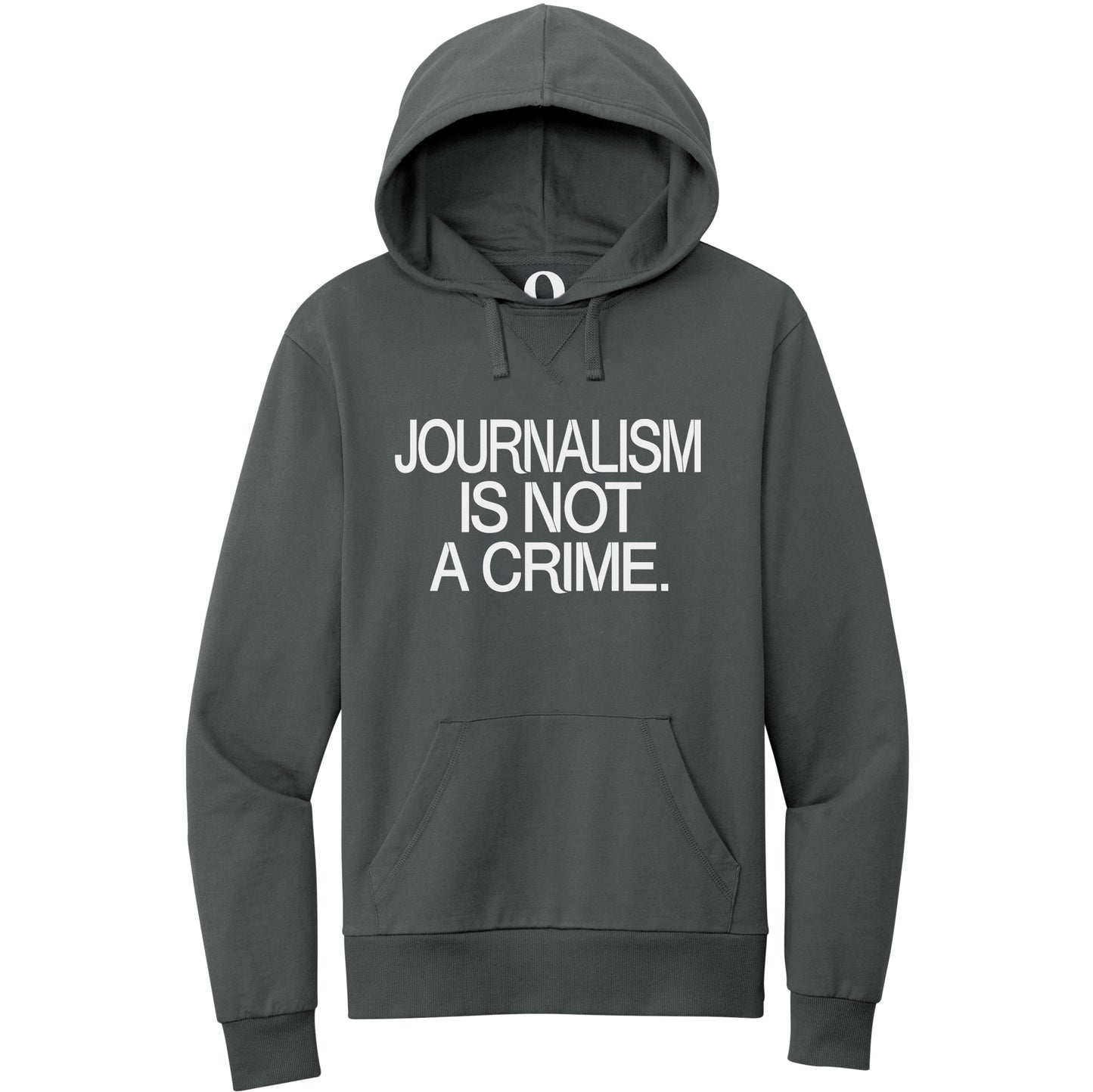 "Journalism is not a crime." Quorum Pullover Hoodie editorial print in Terrain Grey