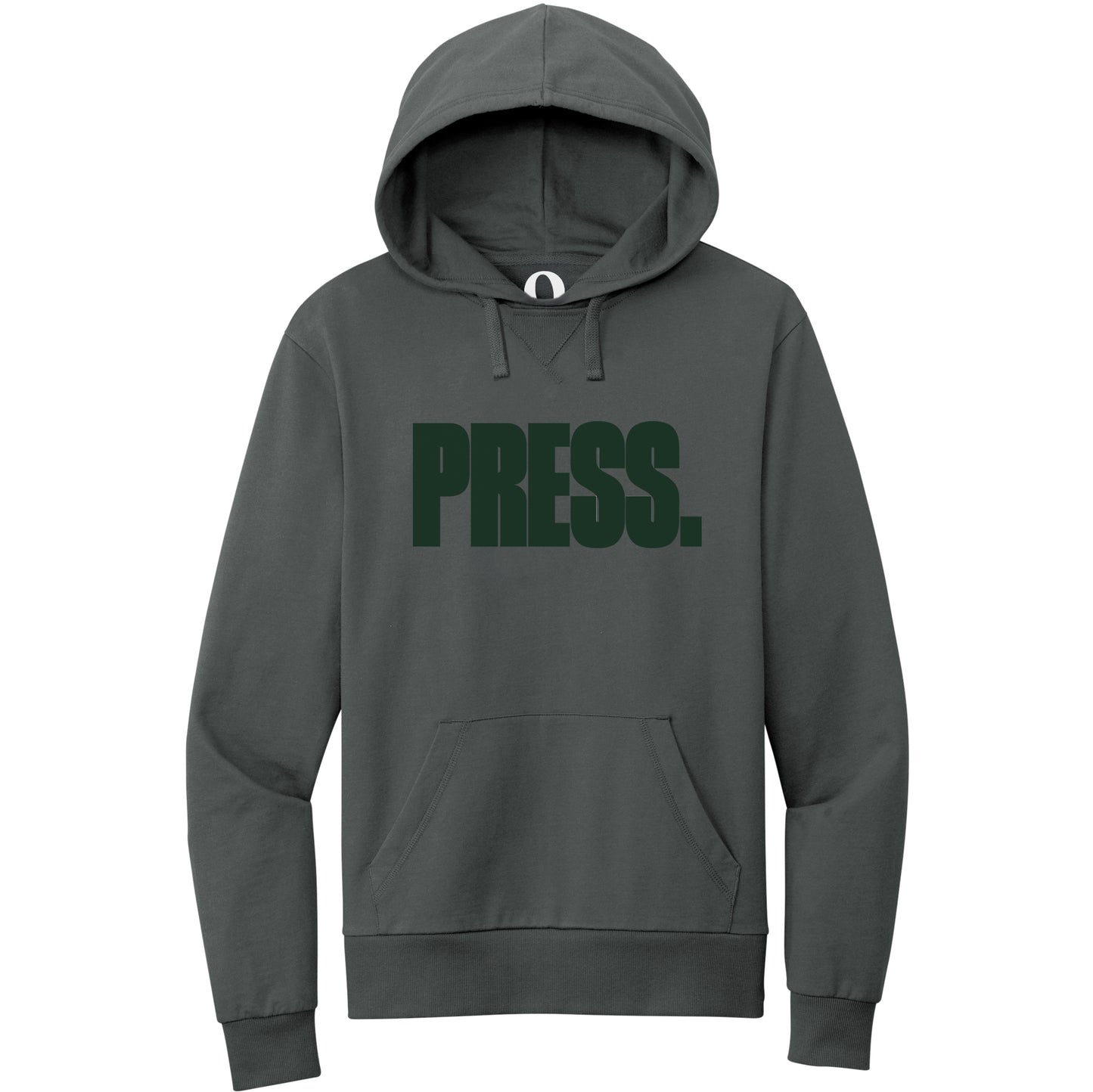 "Press." Quorum Pullover Hoodie front print in Terrain Grey