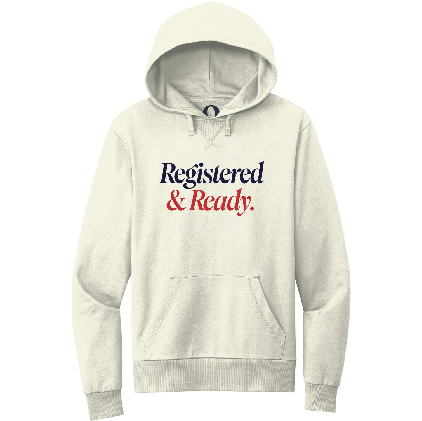 "Registered & Ready." Quorum Pullover Hoodie front print in White Sand
