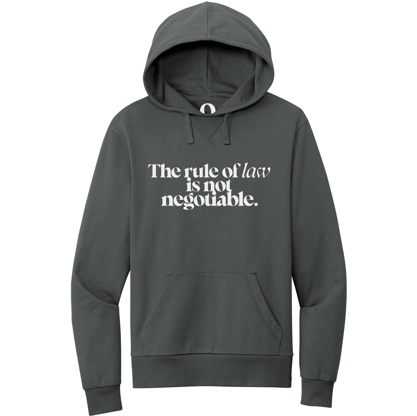 "The rule of law is not negotiable." Quorum Pullover Hoodie editorial print in Terrain Grey