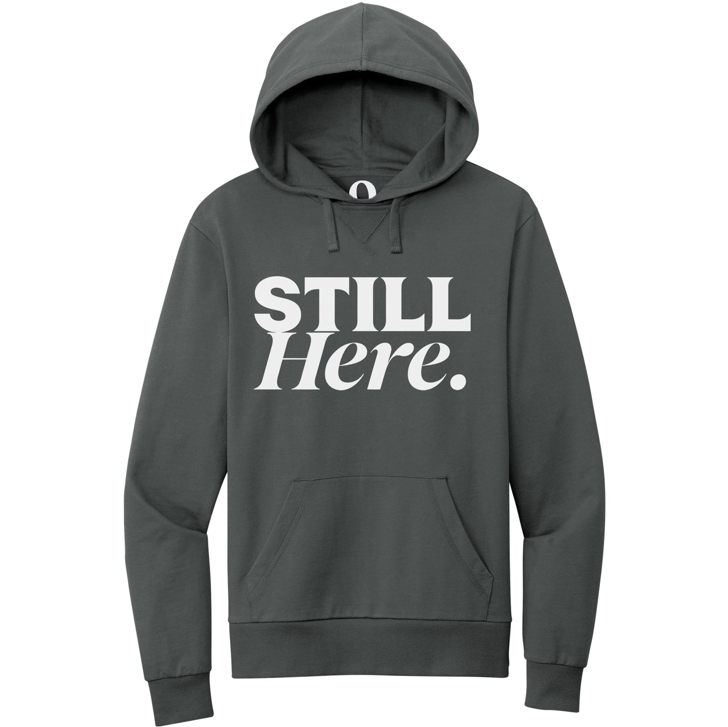 "Still Here." Quorum Pullover Hoodie editorial print in Terrain Grey