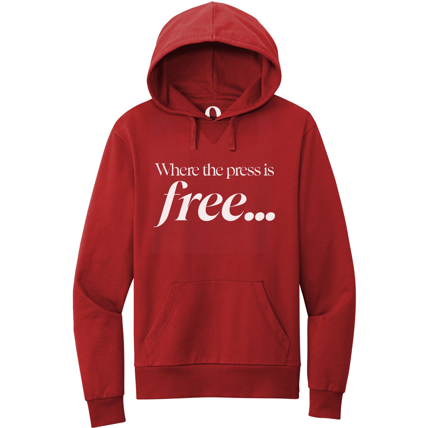 "Where the press is free." Quorum Pullover Hoodie editorial print in Revolution Red