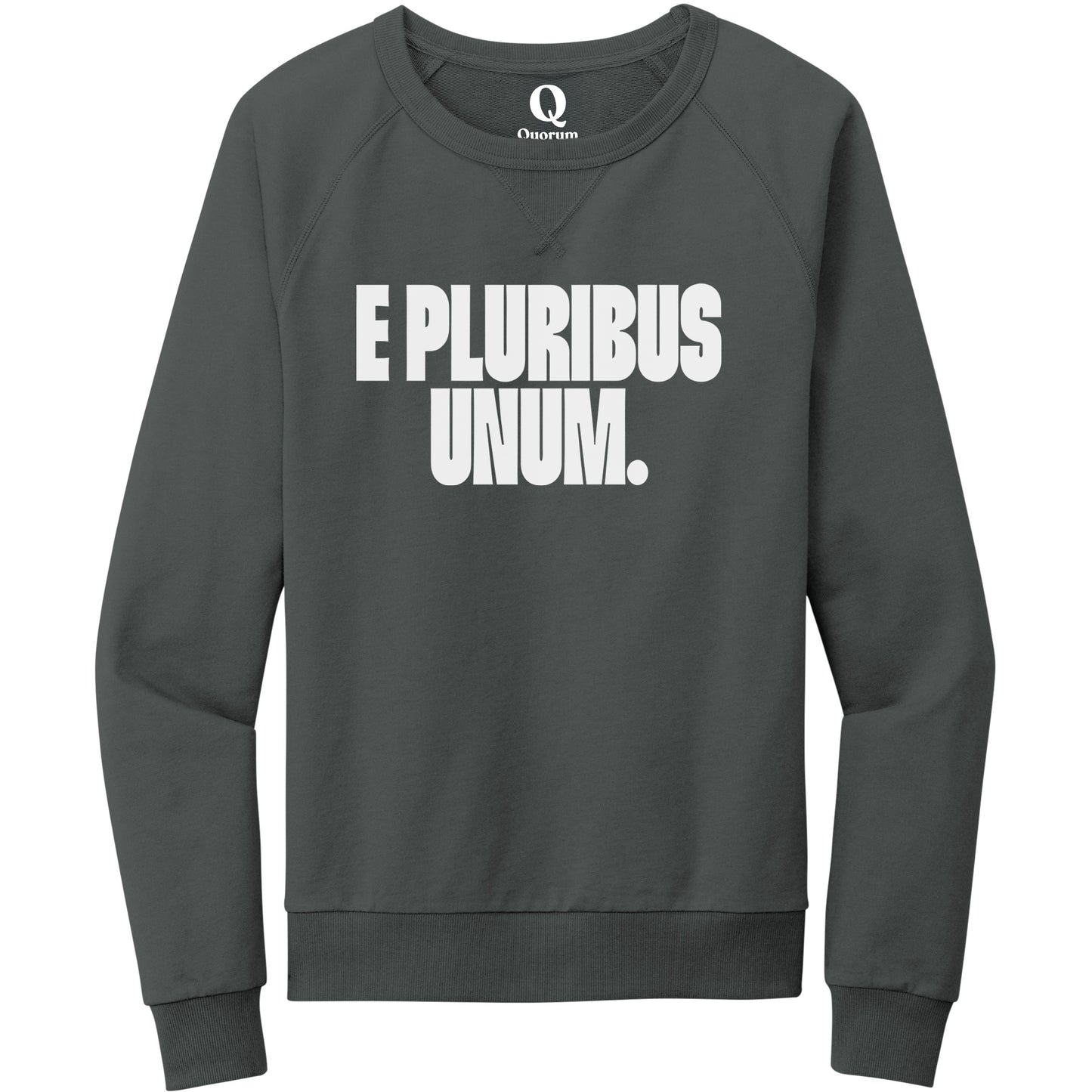 "E Pluribus Unum." Quorum Crewneck Sweatshirt editorial print in Terrain Grey