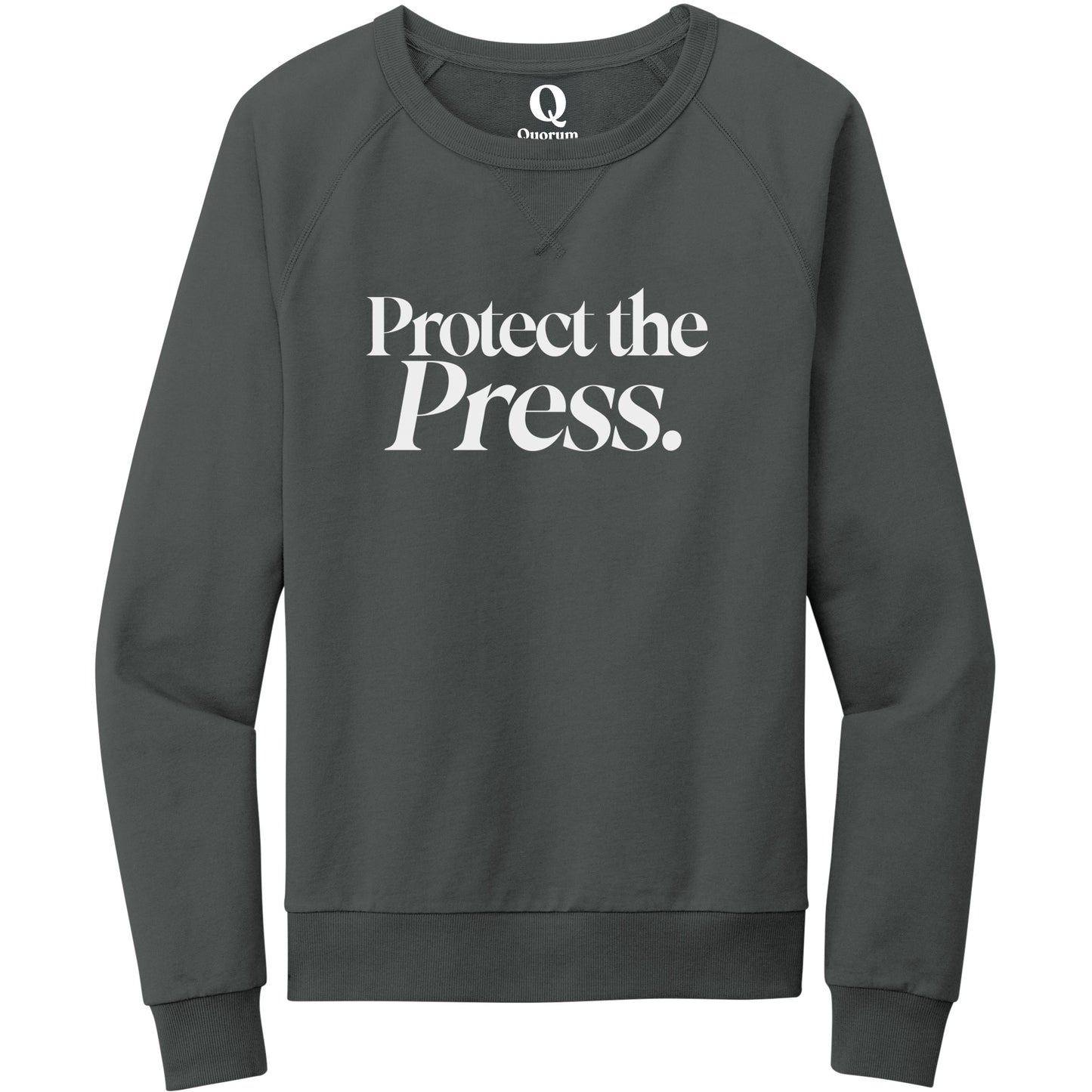 "Protect the Press." Quorum Crewneck Sweatshirt editorial print in Terrain Grey