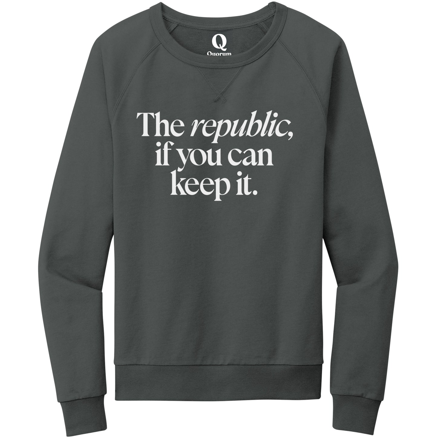 "The republic, if you can keep it." Quorum Crewneck Sweatshirt editorial print in Terrain Grey