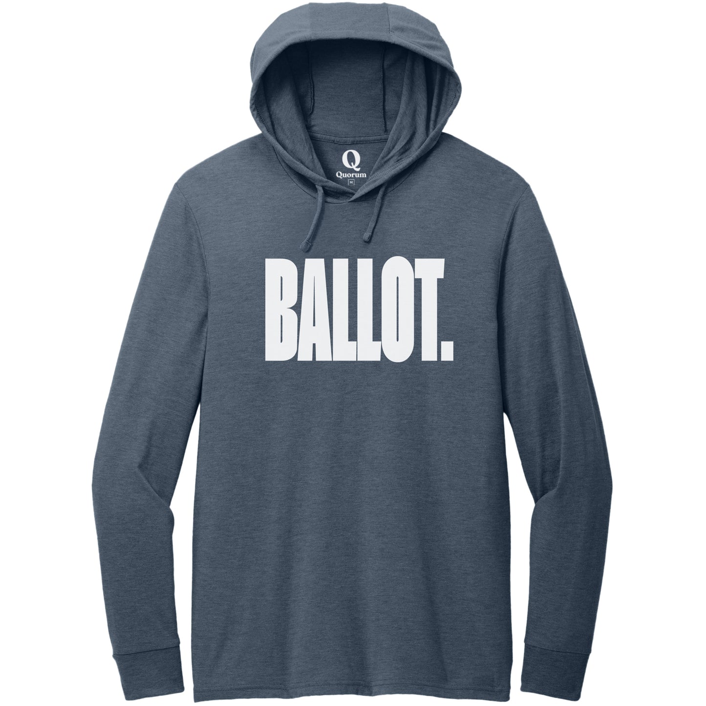"Ballot." Quorum Tri-Blend Hoodie Tee editorial print in Rebel Blue