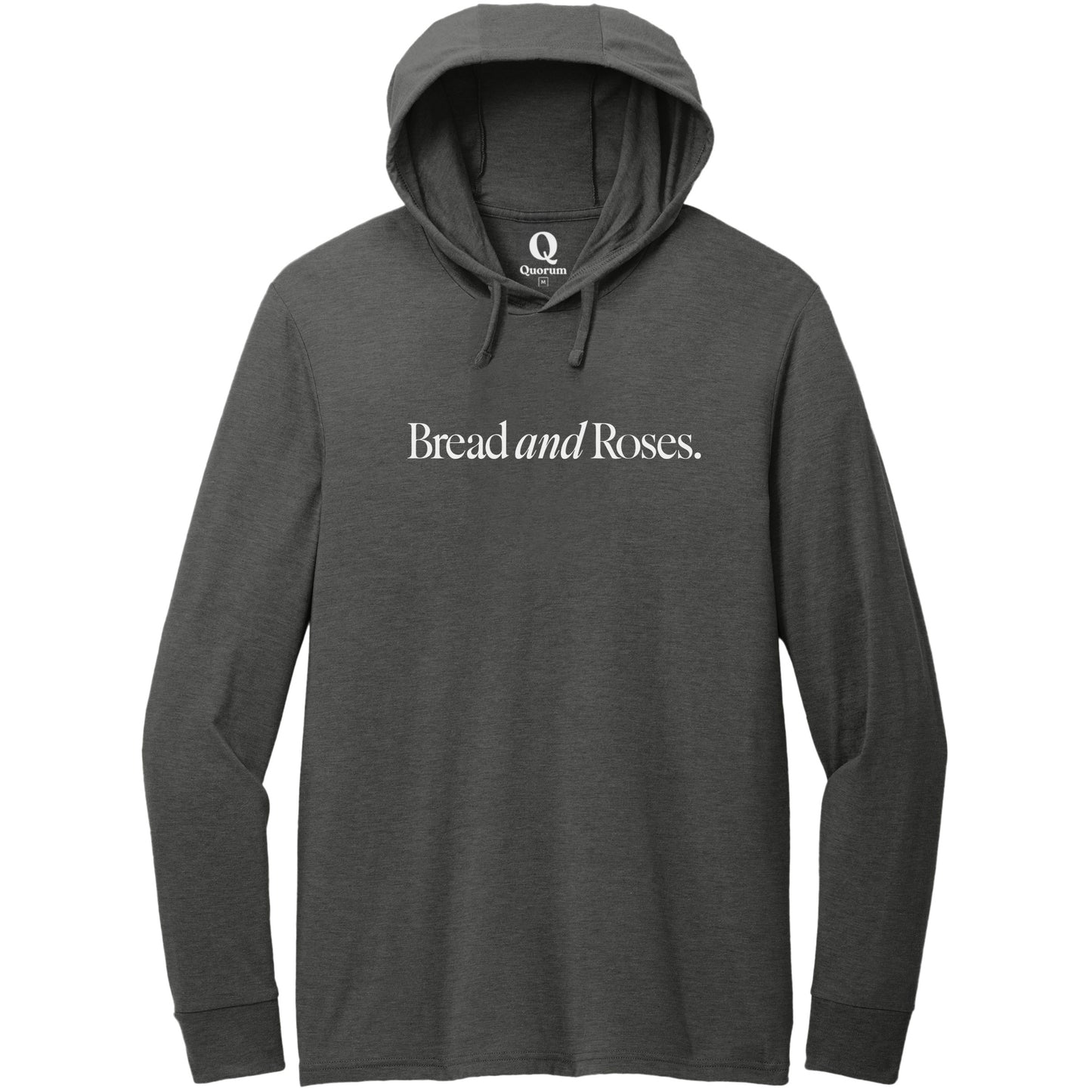"Bread and Roses." Quorum Tri-Blend Hoodie Tee editorial print in Space Black