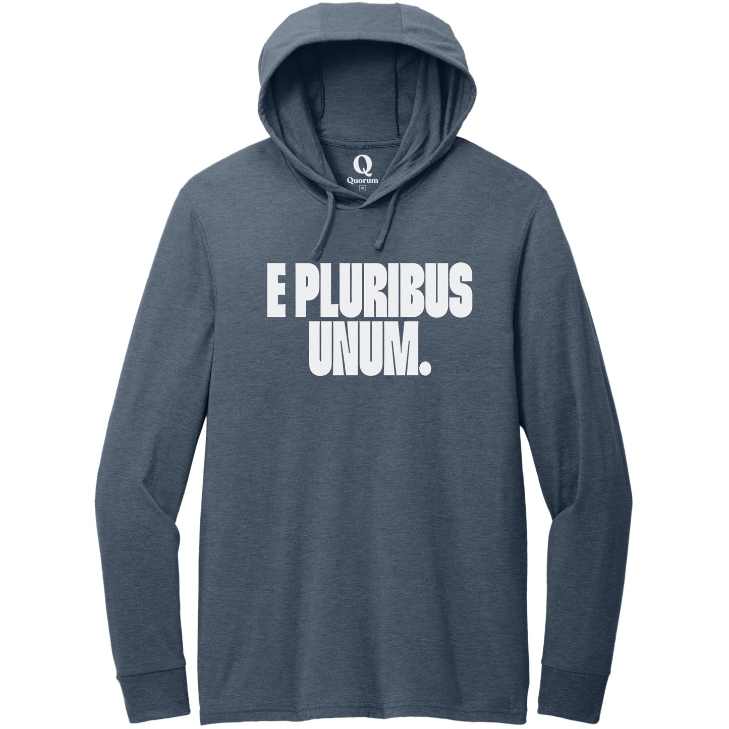 "E Pluribus Unum." Quorum Tri-Blend Hoodie Tee editorial print in Rebel Blue