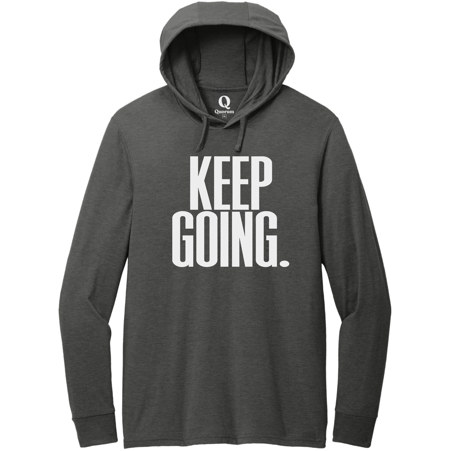 "Keep Going." Quorum Tri-Blend Hoodie Tee editorial print in Space Black