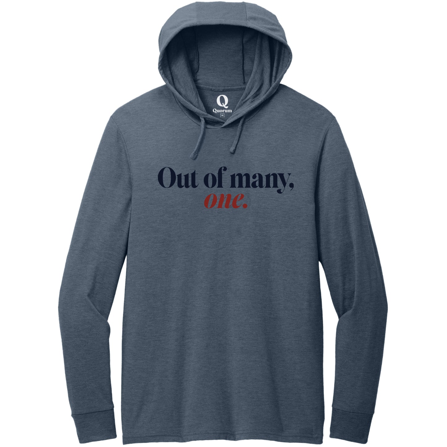 "Out of many, one." Quorum Tri-Blend Hoodie Tee front print in Rebel Blue