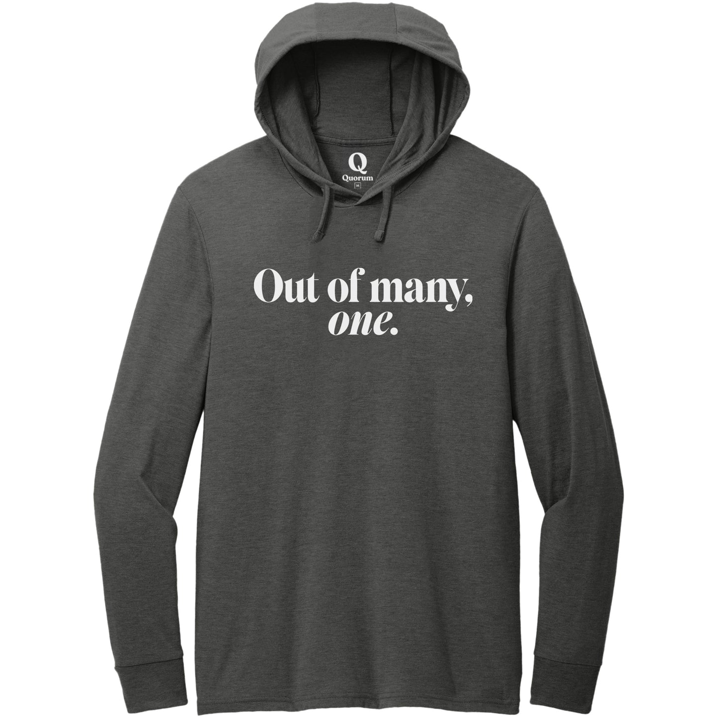 "Out of many, one." Quorum Tri-Blend Hoodie Tee editorial print in Space Black