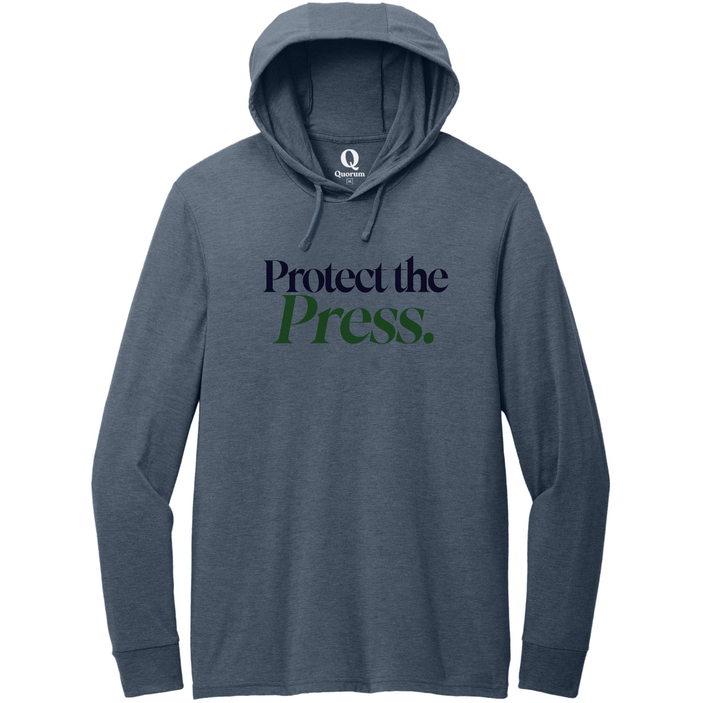 "Protect the Press." Quorum Tri-Blend Hoodie Tee front print in Rebel Blue