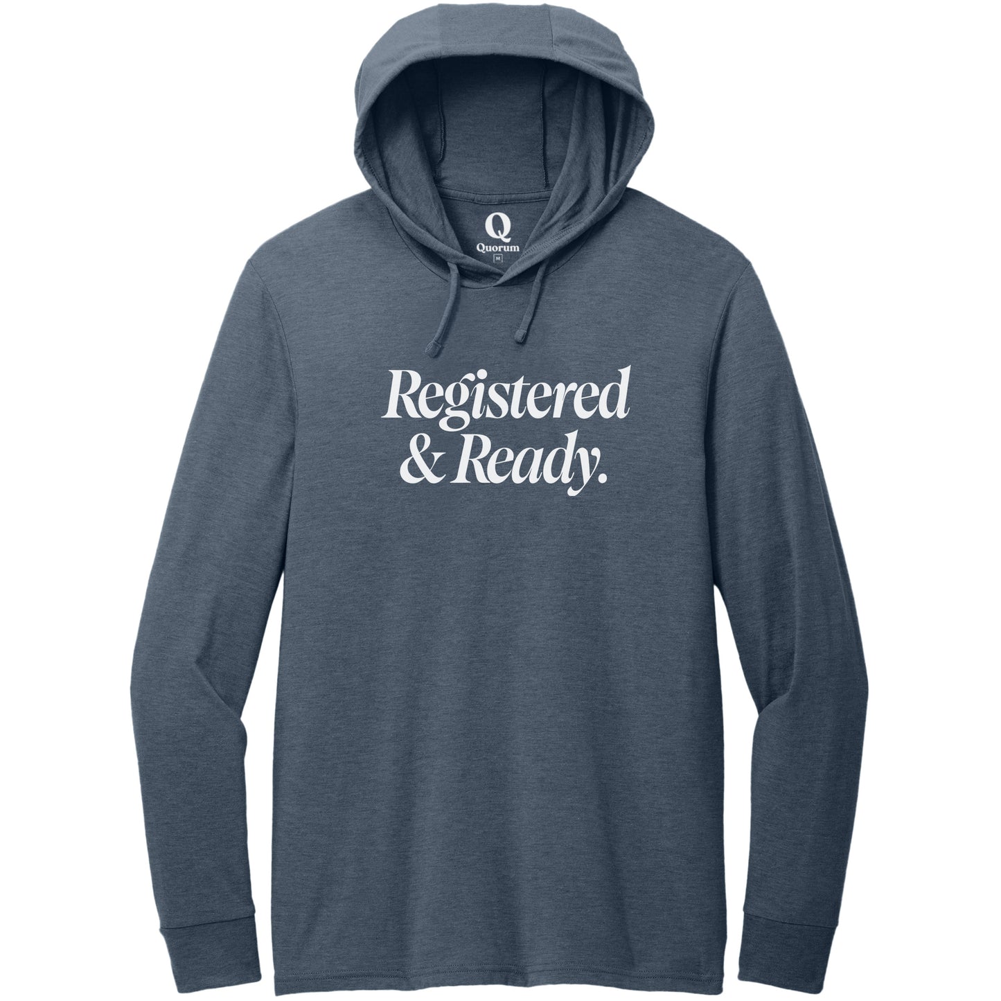 "Registered & Ready." Quorum Tri-Blend Hoodie Tee editorial print in Rebel Blue