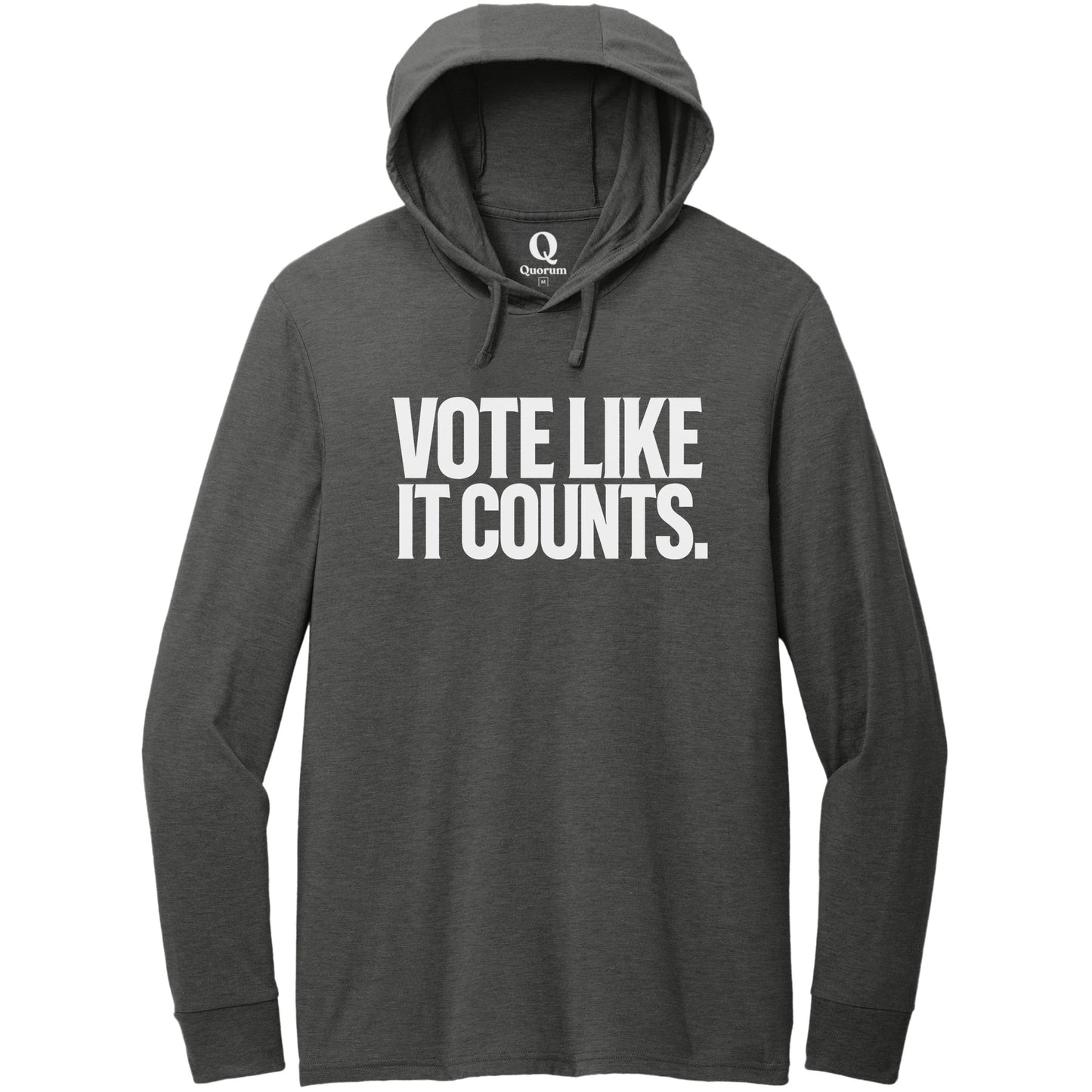 "Vote like it counts." Quorum Tri-Blend Hoodie Tee editorial print in Space Black