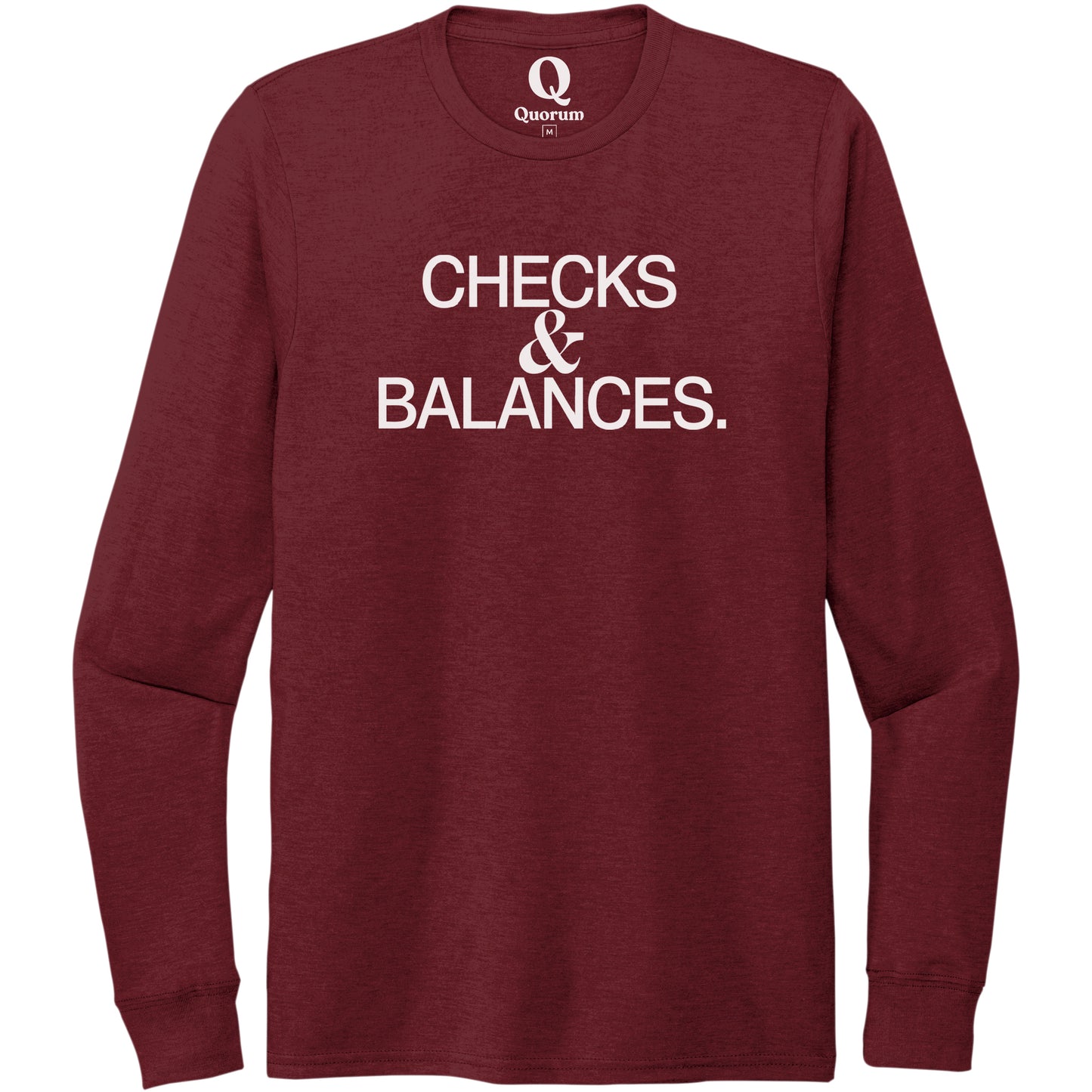 "Checks & Balances." Quorum Unisex Tri-Blend Long Sleeve editorial print in Vino Red