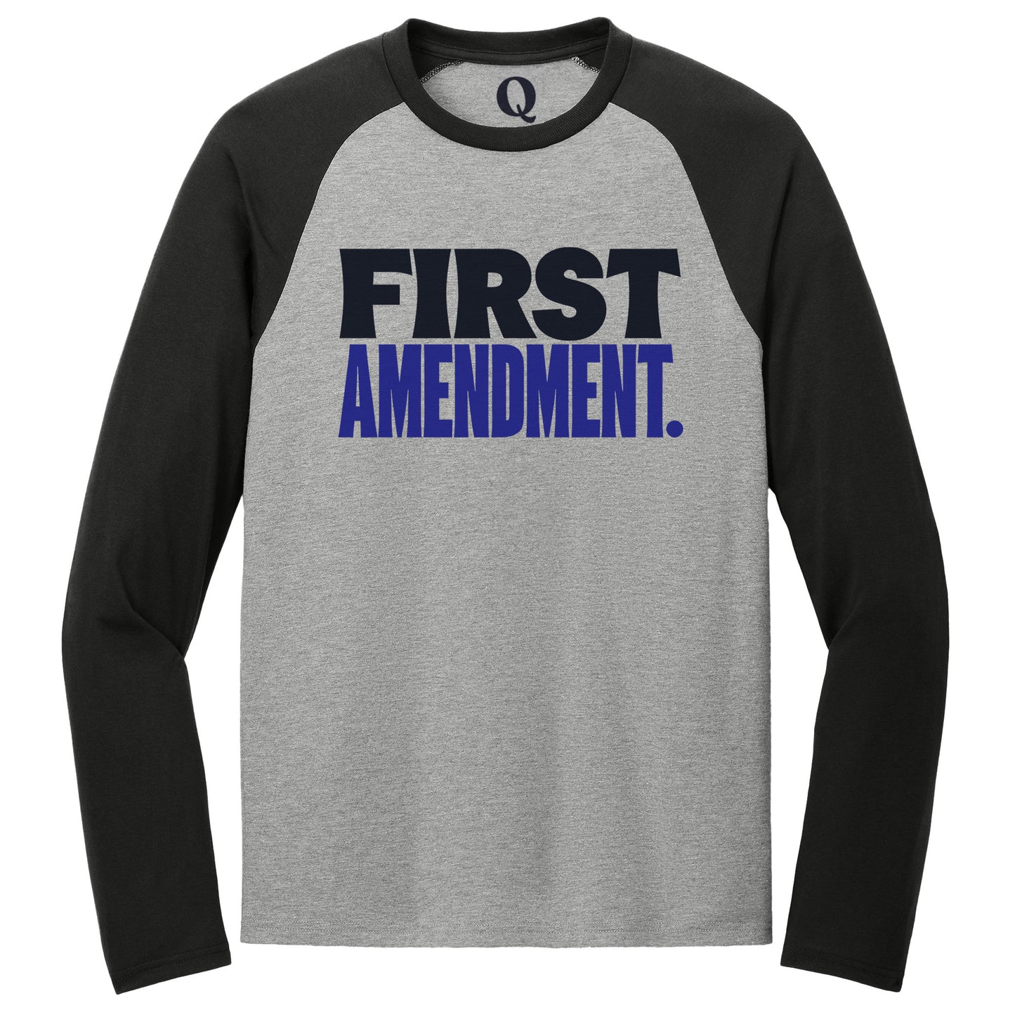 "First Amendment." Quorum Tri-Blend Colorblock Raglan front print in Deep Black / Aluminum Grey