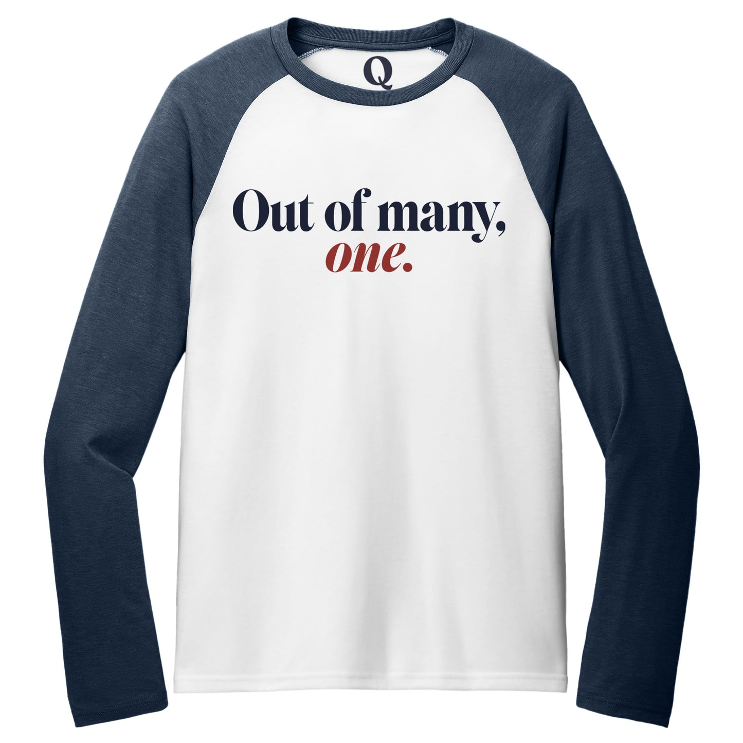 "Out of many, one." Quorum Tri-Blend Colorblock Raglan front print in Rebel Blue / Bright White