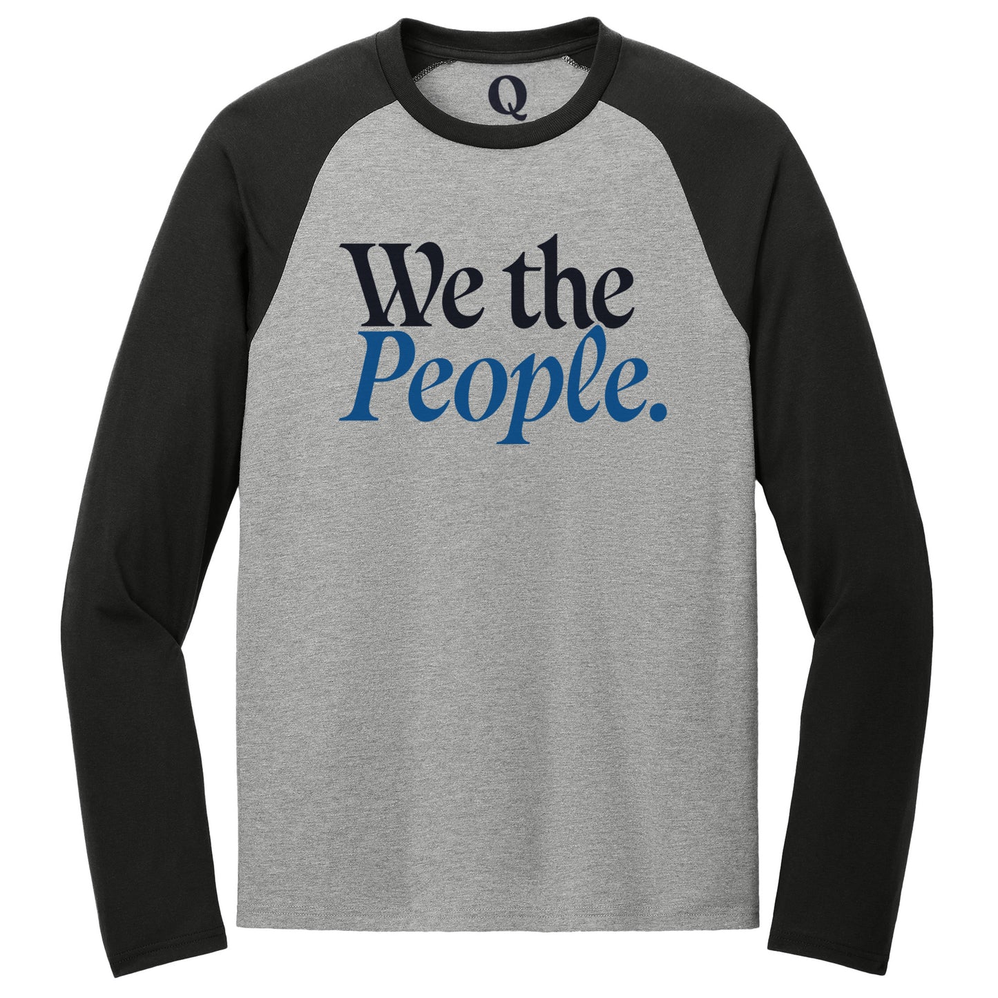 "We the People." Quorum Tri-Blend Colorblock Raglan front print in Deep Black / Aluminum Grey