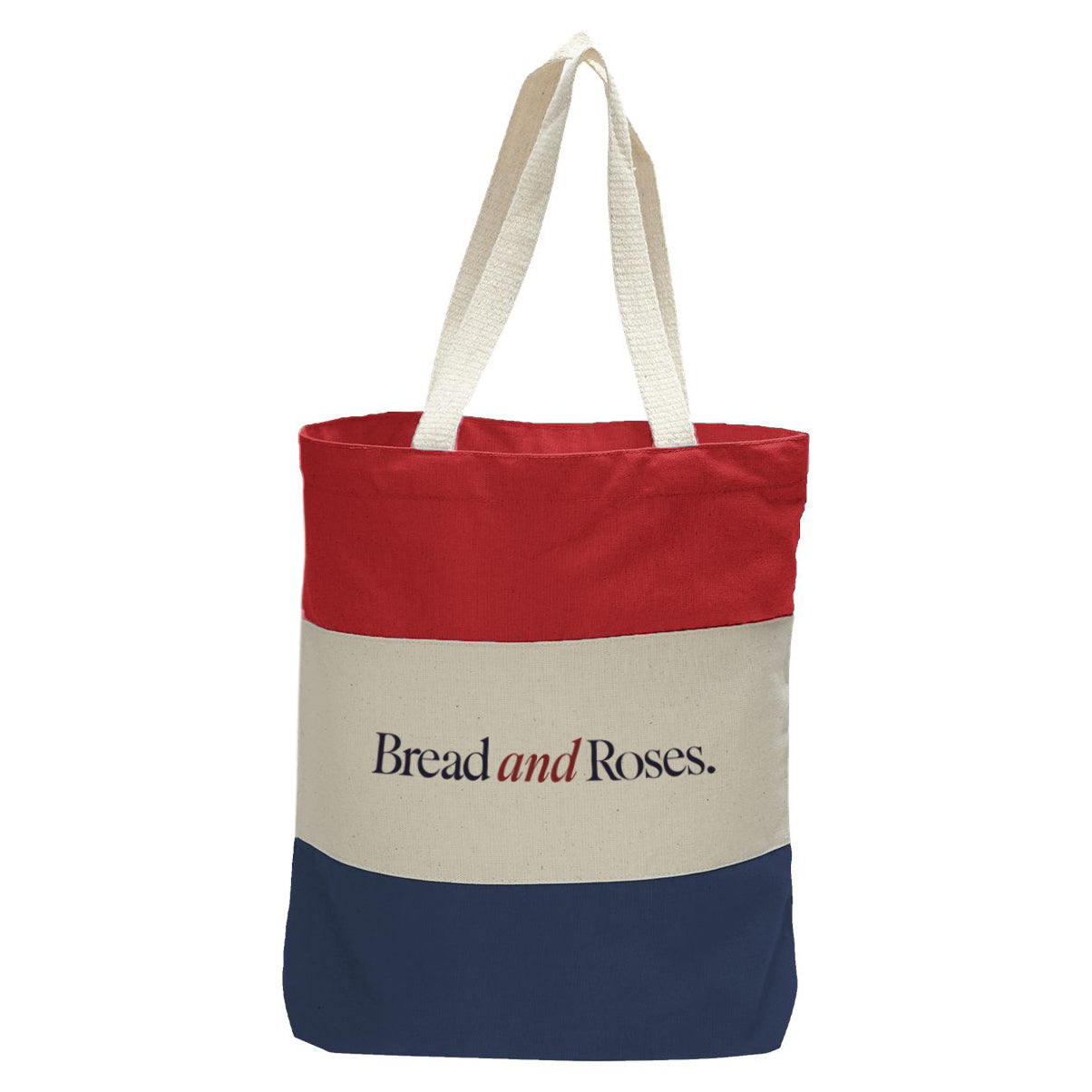 "Bread and Roses.", Quorum Tri-Color Canvas Tote in red, natural, and navy panelled cotton canvas