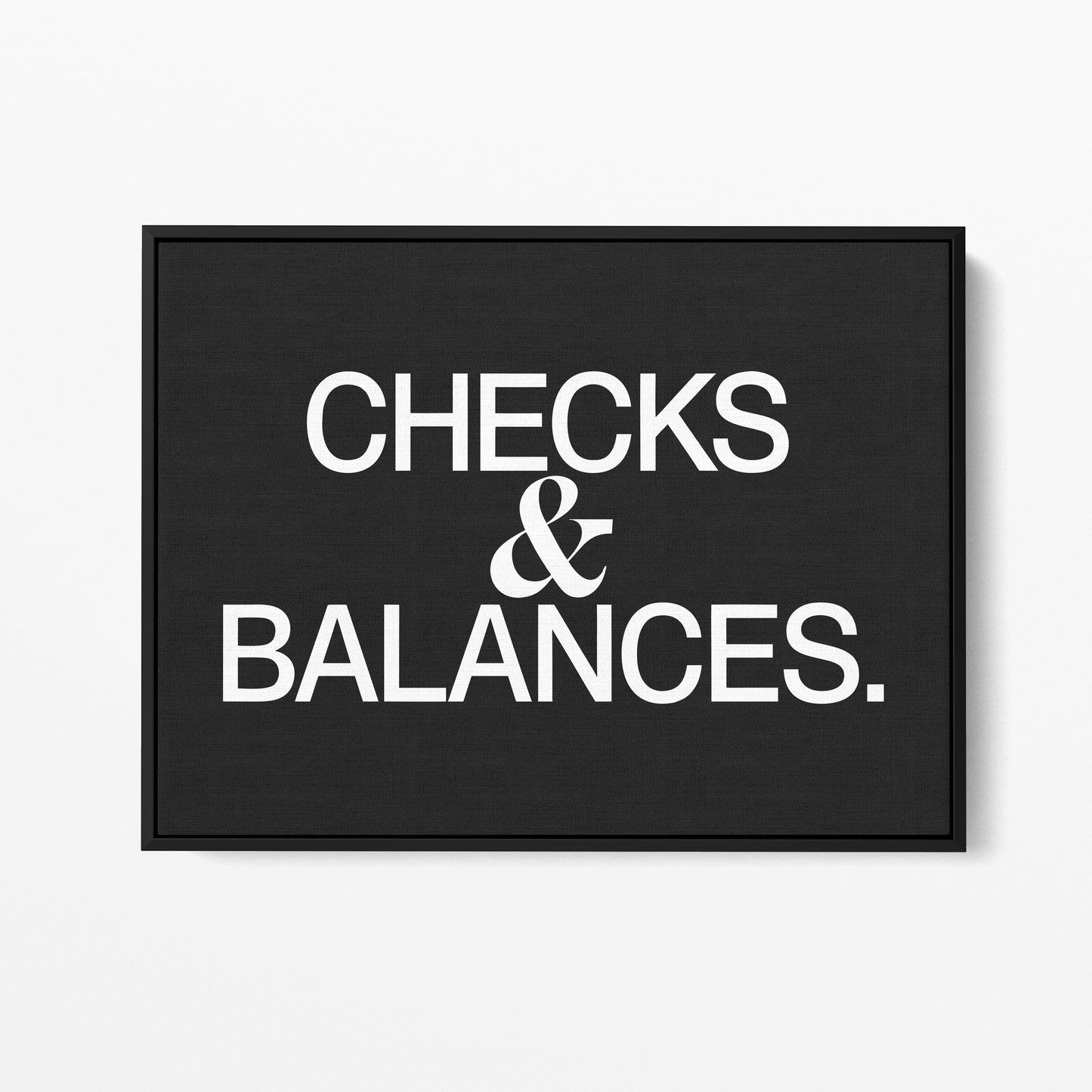 Checks and Balances — Quorum framed gallery canvas in black hardwood floater frame, landscape orientation