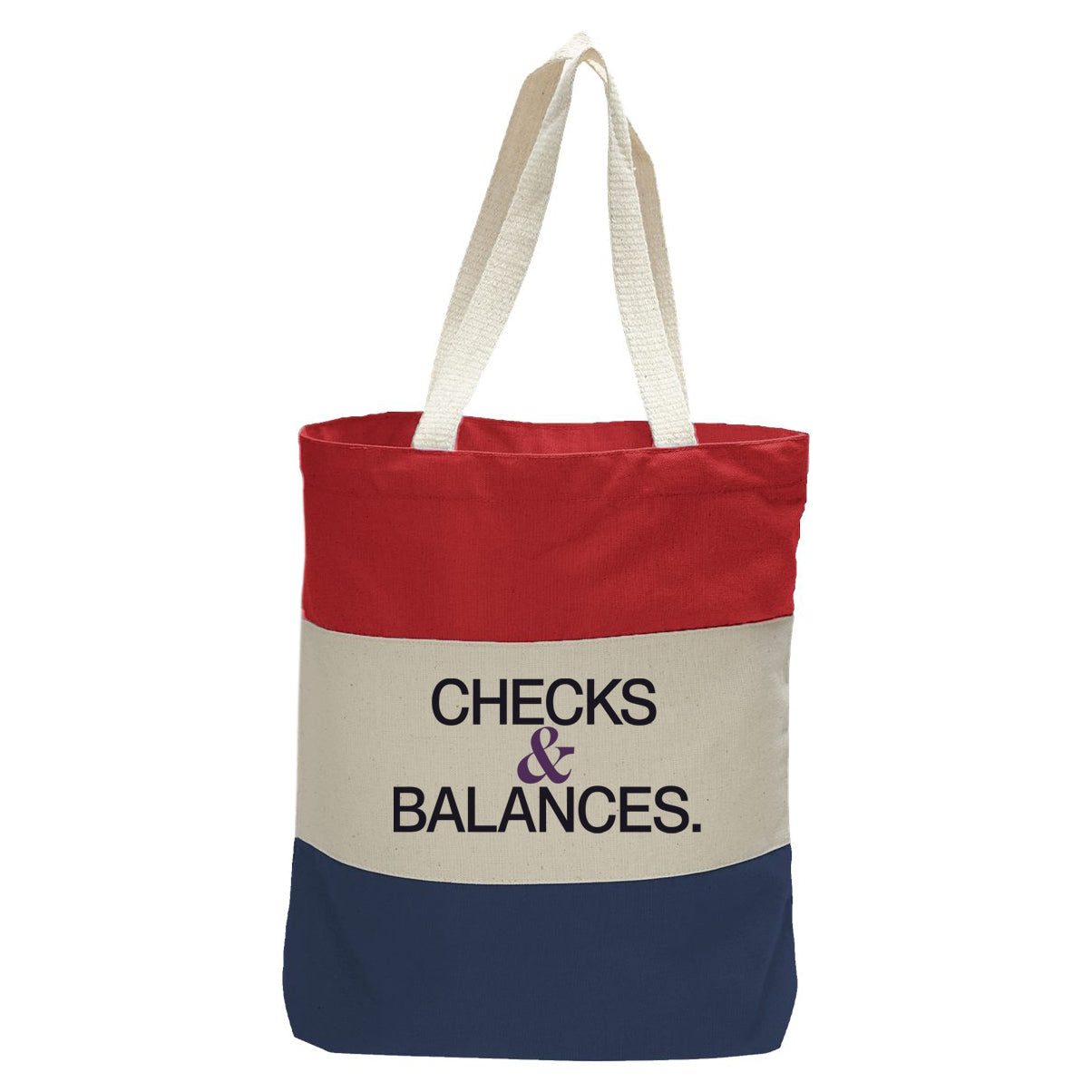"Checks and Balances.", Quorum Tri-Color Canvas Tote in red, natural, and navy panelled cotton canvas