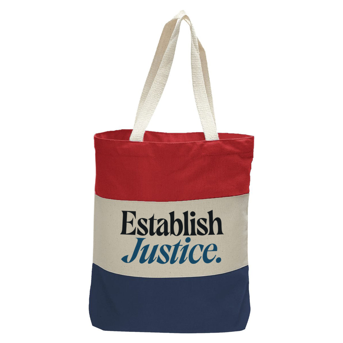 "Establish Justice.", Quorum Tri-Color Canvas Tote in red, natural, and navy panelled cotton canvas
