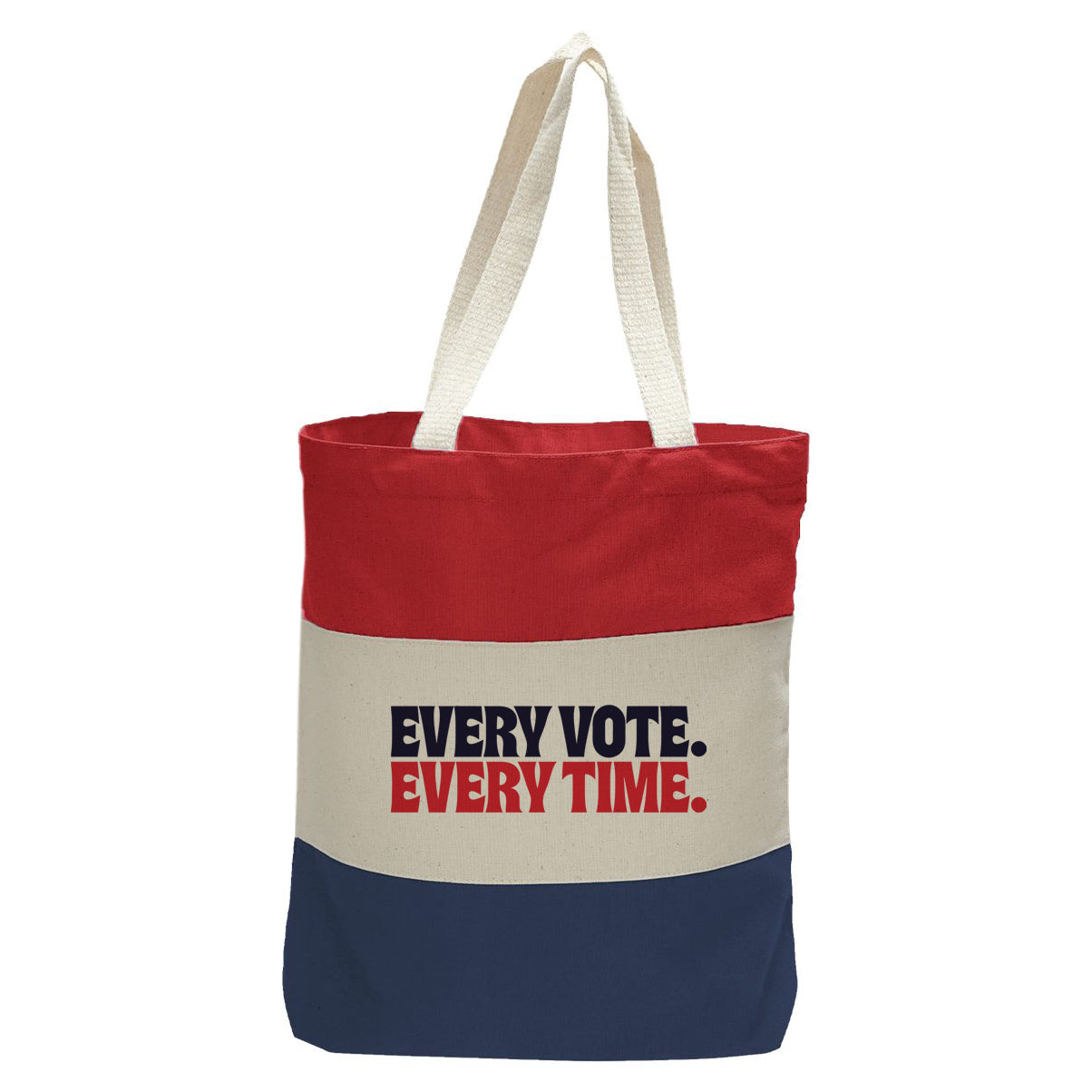 "Every Vote, Every Time.", Quorum Tri-Color Canvas Tote in red, natural, and navy panelled cotton canvas