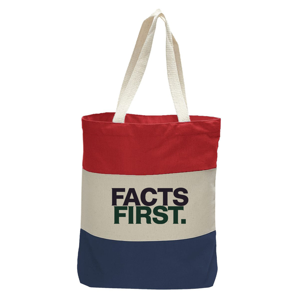 "Facts First.", Quorum Tri-Color Canvas Tote in red, natural, and navy panelled cotton canvas