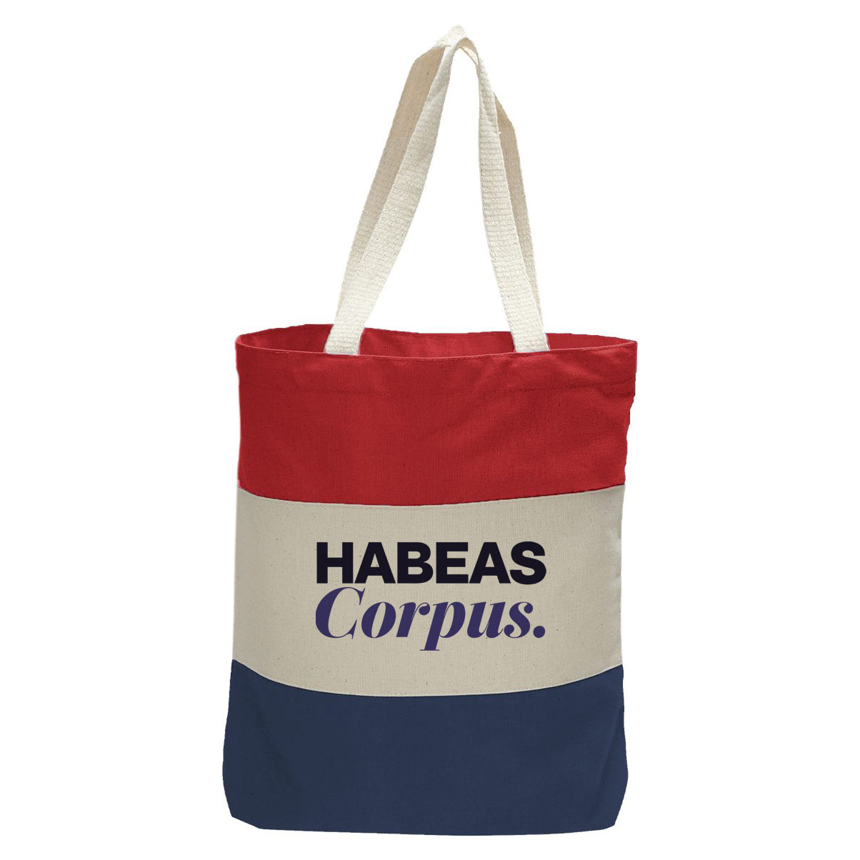 "Habeas Corpus.", Quorum Tri-Color Canvas Tote in red, natural, and navy panelled cotton canvas