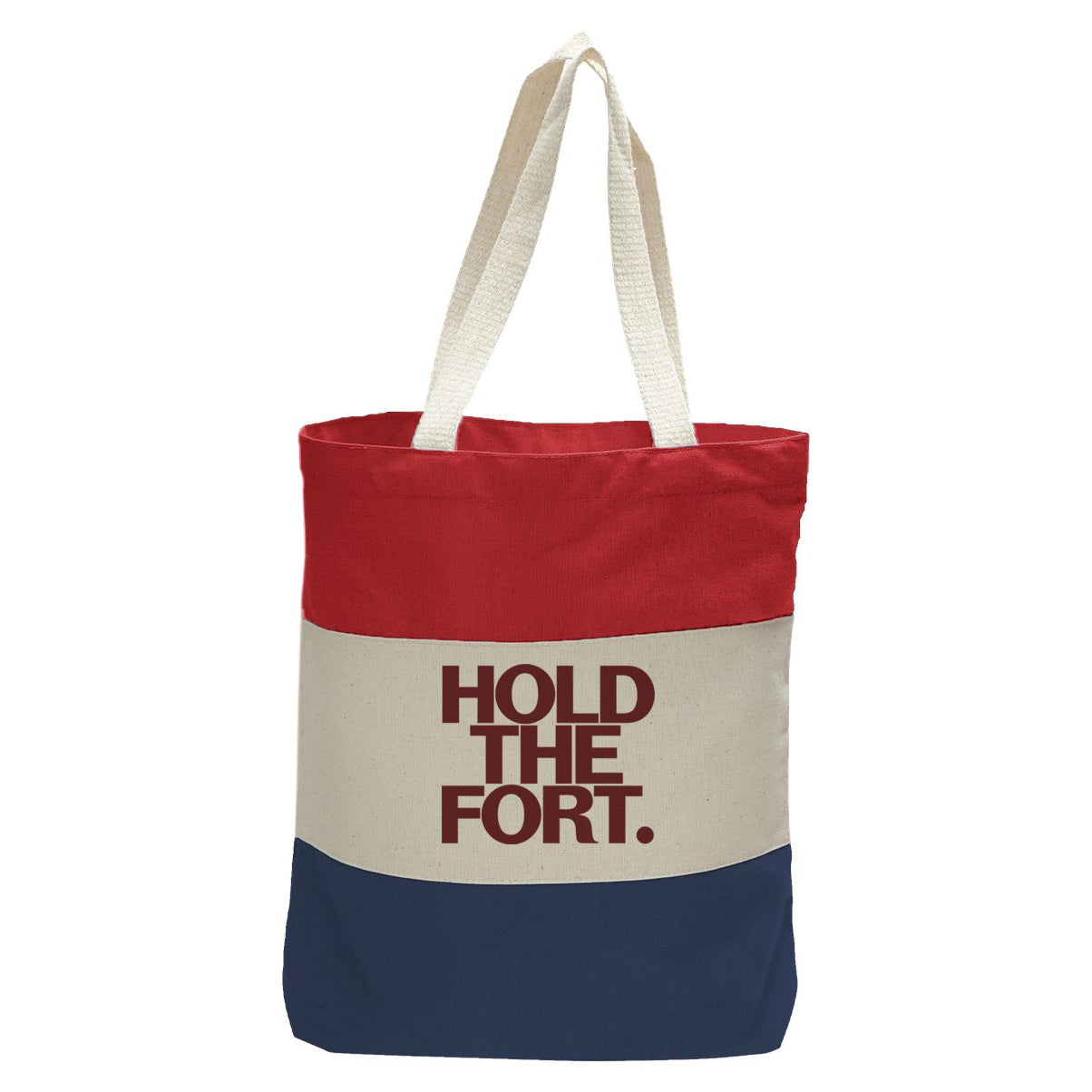 "Hold the Fort.", Quorum Tri-Color Canvas Tote in red, natural, and navy panelled cotton canvas
