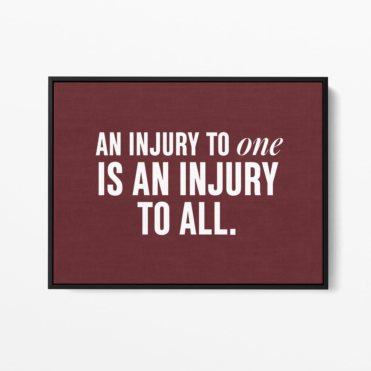 An Injury to One Is an Injury to All — Quorum framed gallery canvas in black hardwood floater frame, landscape orientation