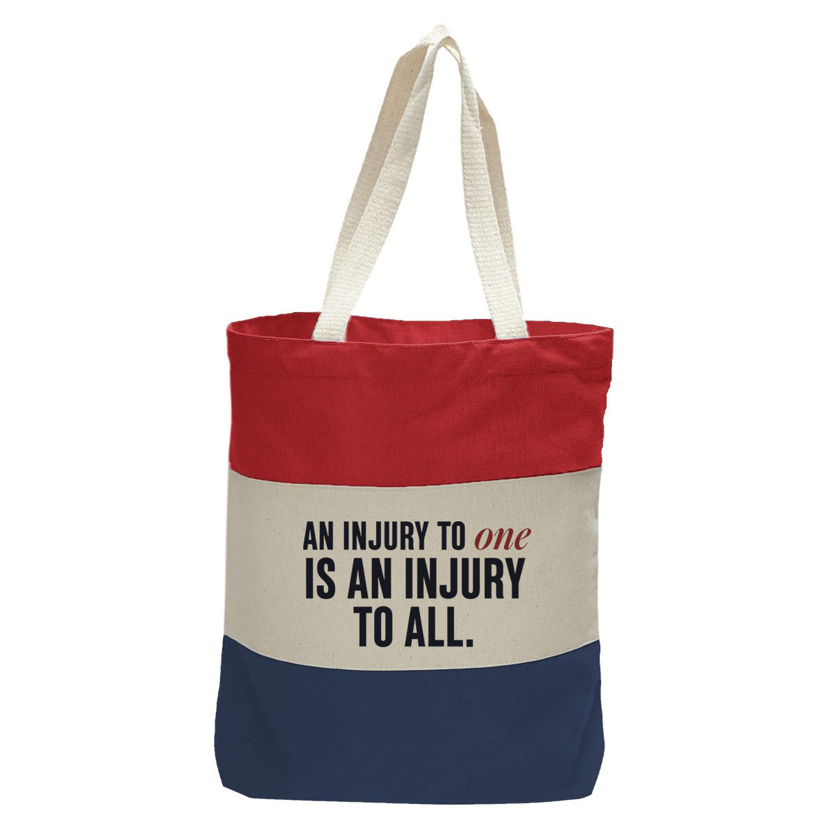 "An Injury to One Is an Injury to All.", Quorum Tri-Color Canvas Tote in red, natural, and navy panelled cotton canvas