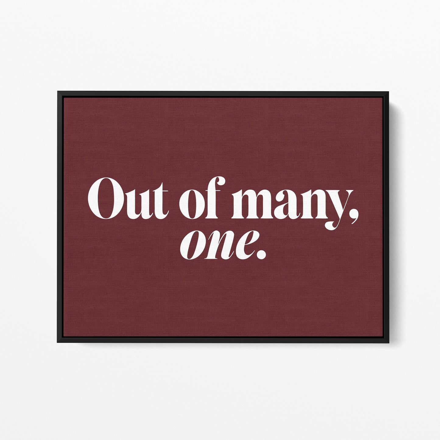 Out of Many, One — Quorum framed gallery canvas in black hardwood floater frame, landscape orientation