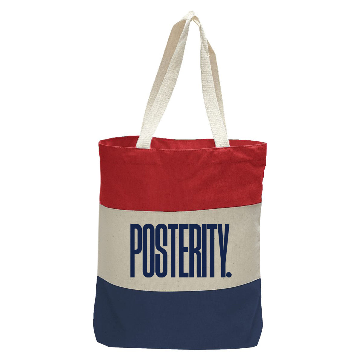 "Secure the Blessings of Liberty.", Quorum Tri-Color Canvas Tote in red, natural, and navy panelled cotton canvas
