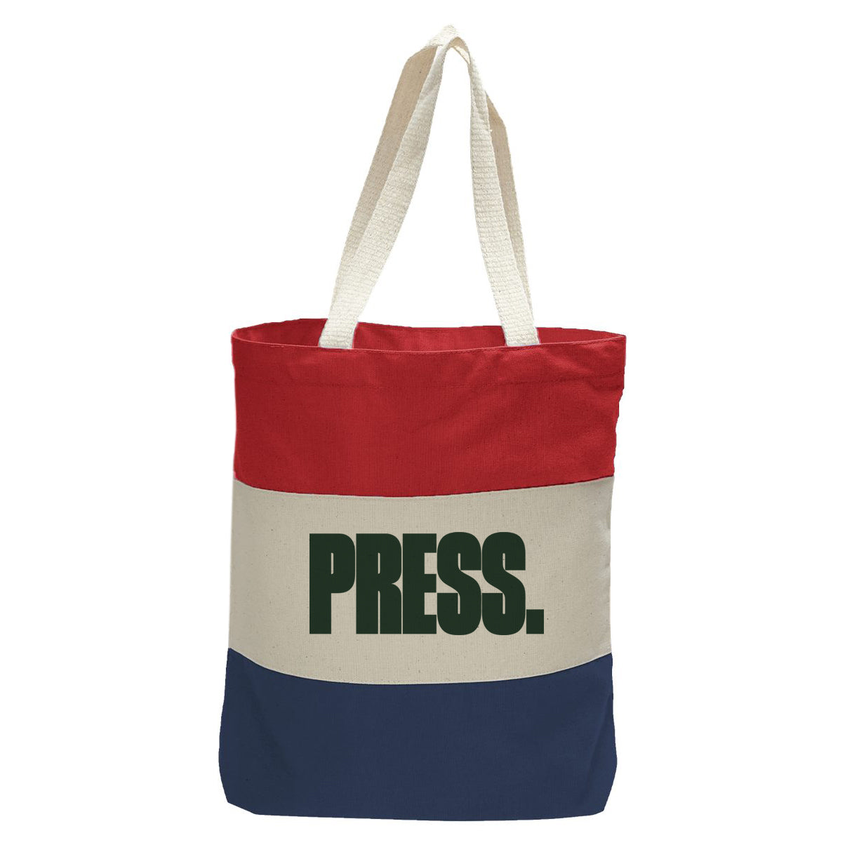 "Press.", Quorum Tri-Color Canvas Tote in red, natural, and navy panelled cotton canvas